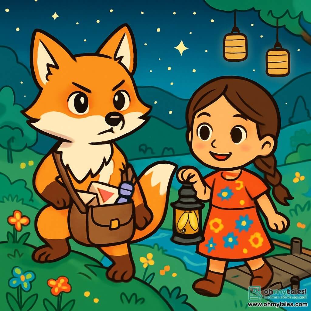A golden-furred fox with bright, curious eyes stands on a small promontory, looking determined yet gentle. It carries a small messenger bag filled with letters and treats, ready to deliver messages of comfort. Beside it, a little girl with braided brown hair and an encouraging smile holds a lantern that lights their path. She wears a colorful flower-adorned dress and seems full of hope. The setting is a lush valley dotted with wildflowers and small trees, beneath a starry sky illuminated by hanging lanterns. In the distance, an old, slightly worn wooden bridge crosses a sparkling river. The main scene shows the fox and the girl preparing to cross the bridge, joining forces to bring messages of peace and hope to the valley's inhabitants.