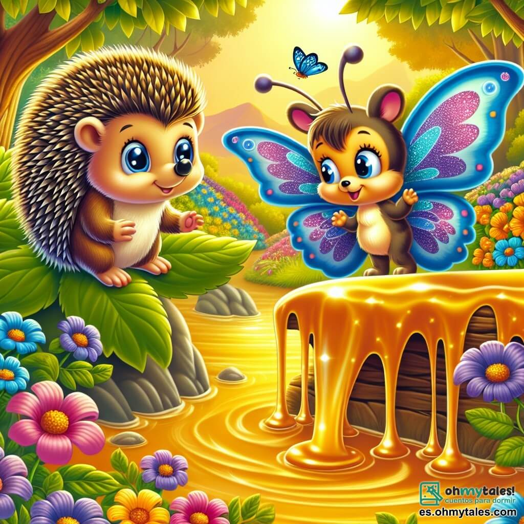 Un pequeño erizo llamado Tito, con una coraza de púas brillantes y ojos chispeantes de curiosidad, se encuentra al borde de un magnífico arroyo de miel dorada, luciendo maravillado y un poco dudoso. A su lado, una mariposa colorida llamada Lila, con alas de patrones brillantes en azul y violeta, vuela alegremente, lista para darle consejos. El escenario es un claro de bosque encantado, lleno de flores vibrantes y colores intensos, donde los rayos del sol se filtran a través de las hojas de los árboles, creando una atmósfera mágica. Tito se prepara para cruzar el arroyo de miel, usando grandes hojas verdes como un puente, mientras Lila lo anima con una sonrisa amistosa.