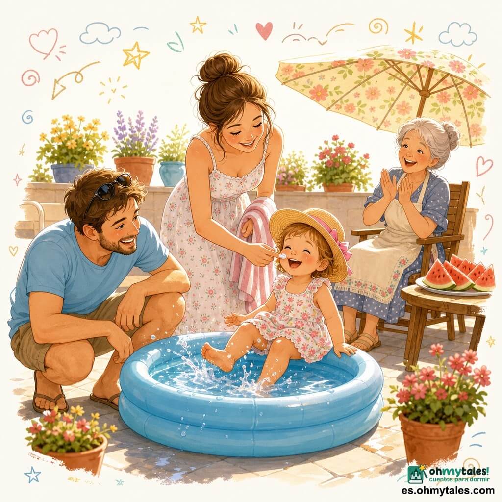 Una niña de 2 años, alegre y curiosa, con mejillas redondas y sonrisa brillante, lleva un pequeño sombrero de paja con lazo rosa y un vestido ligero de flores; está sentada en el borde de una pequeña piscina hinchable azul claro y salpica el agua con los pies. Una mujer adulta (madre, ~30 años), de rostro dulce y piel clara, le aplica crema solar en la nariz, de pie junto a la piscina con una toalla a rayas. Un hombre adulto (padre, ~32 años), con barba ligera y gafas de sol en la cabeza, está agachado junto a ellas, riendo y mirando a la niña jugar. Una abuela (mujer, ~65 años), cabello gris recogido en un moño y con delantal, aplaude sentada en una silla de madera bajo una sombrilla floral. El patio soleado tiene losas frescas, una mesa de madera con una bandeja de rodajas de sandía jugosa y macetas de flores; la atmósfera es veraniega y suave con luz dorada, sombras cortas, gotas de agua brillando y pequeños doodles de conchas y soles para un efecto infantil. La escena principal muestra a la niña valiente sumergiendo primero un pie y luego el otro en el agua, con salpicaduras animadas, risas y ligero movimiento de las hojas y un pequeño ventilador al fondo.