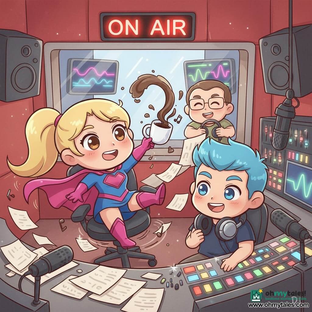Zara Zoom, a woman with a round face, big bright eyes and a joyful, slightly embarrassed expression, her ponytail and cape floating, wears a bright blue and fuchsia superhero costume with wide boots and catches a knocked-over coffee cup midair as papers swirl; to her right DJ Dazzle (about 28) with electric-blue hair, a surprised smile and headphones around his neck sits at a console with glowing buttons, and at the back a sound engineer (about 35) with glasses holds spare headphones near a panel of sliders and blinking lights; the compact warm radio studio has red padded walls, a glass window to the control room, a cluttered round table, suspended mics, a lit red ON AIR sign and screens with colorful waveforms, creating a lively, chaotic, and warm comedic moment.