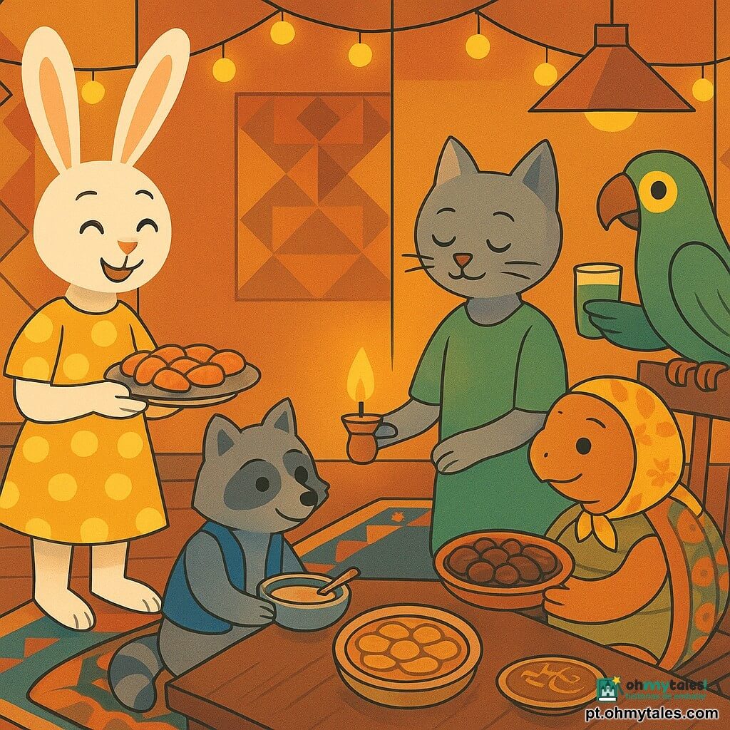 Zizi, uma pequena coelha de orelhas longas brancas e pelo amarelo às bolinhas, sorri segurando um prato de bolinhos de cenoura e mel; Nuno, um ratinho cinza com colete azul, está sentado num almofadão segurando uma tigela de sopa, tímido e agradecido; o señor Amir, um gato gris elegante de bigodes brancos e avental verde, está perto da lâmpada de cobre estendendo a mão para a pequena lamparina que Lina, uma gata miúda de pelagem creme corada e aliviada, segura; a dona Salma, uma tartaruga redonda com lenço florido, oferece um prato de tâmaras com amêndoas; Paco, um papagaio verde vivo, pousa no encosto de uma cadeira com um copinho de suco; a sala comum é acolhedora, com mesa baixa de madeira escura, tapetes coloridos, almofadas bordadas, paredes com padrões geométricos e luzes douradas; cena de partilha ao fim do dia para o Ramadã em torno da lamparina central, atmosfera calorosa e gestos de partilha.