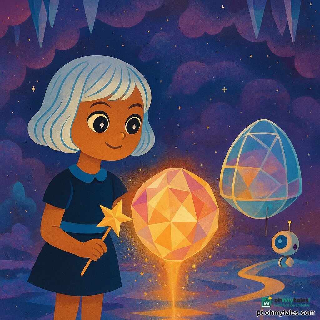 Uma jovem chamada Luna, olhos grandes e brilhantes cor de cometa, cabelo curto prateado como fios de estrela, rosto curioso e decidido, segura uma varinha em forma de estrela e toca um grande cristal flutuante no centro, sorrindo serenamente com postura confiante; um guardião cristalino não humano, esfera translúcida de facetas rosa e douradas pulsantes, emite uma luz suave ao redor de Luna e paira acima do chão de vidro; ao fundo a pequena nave de cristal Estrela Rápida, casco transparente com reflexos arco-íris, está atracada perto de um caminho luminoso, enquanto um pequeno drone acompanhante voa junto à entrada; o lugar é uma clareira no coração de uma nebulosa, vapores azul-violeta e malva em turbilhão, partículas cintilantes como pó de ouro, estalactites de cristal suspensas e chão espelhado refletindo as cores; a cena mostra Luna restaurando o equilíbrio ao apoiar a varinha no cristal gigante, espalhando uma onda de luz dourada e filamentos luminosos que transformam as sombras em halos coloridos.