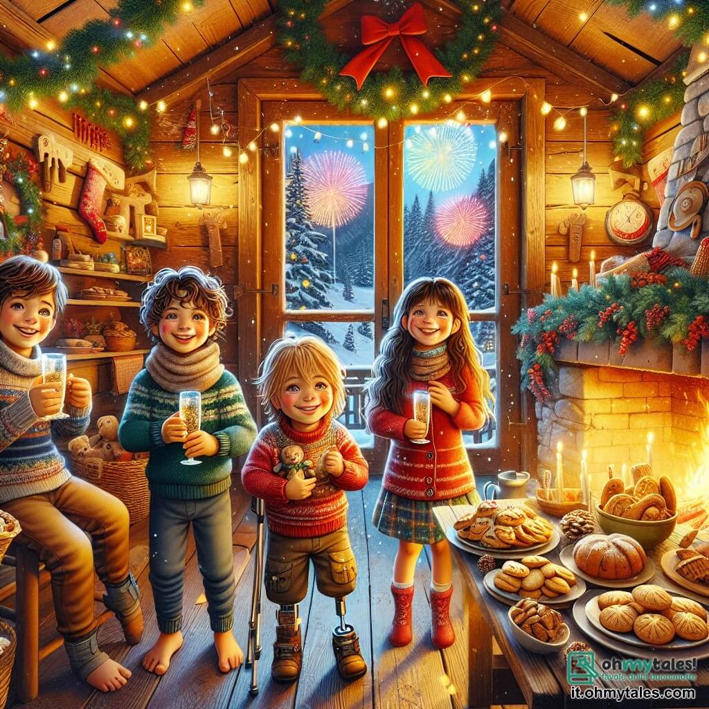 In una calda e accogliente baita di legno, quattro bambini si preparano a festeggiare il Capodanno. Marco, un ragazzo di dieci anni con i capelli ricci e un sorriso splendente, è al centro, con un bicchiere di spumante analcolico in mano, circondato dai suoi amici. A destra c'è Sara, una ragazza di dieci anni con lunghi capelli castani e occhi vivaci, che ride mentre sistema una ghirlanda di luci colorate attorno al collo. A sinistra, Andrea, un ragazzo di dieci anni con una protesi alla gamba, sorride felicemente tenendo un piatto di biscotti. Infine, Luca, un ragazzo di dieci anni con capelli biondi e occhiali rotondi, si sporge dalla finestra, incantato dai fuochi d'artificio che illuminano il cielo notturno. La baita è decorata con luci scintillanti e palloncini colorati, con un grande camino acceso che riscalda l'atmosfera. I bambini, impazienti e gioiosi, si preparano a brindare al nuovo anno, circondati da risate e calore, mentre i fuochi d'artificio esplodono nel cielo, simboleggiando l'inizio di un anno pieno di avventure e amicizia.