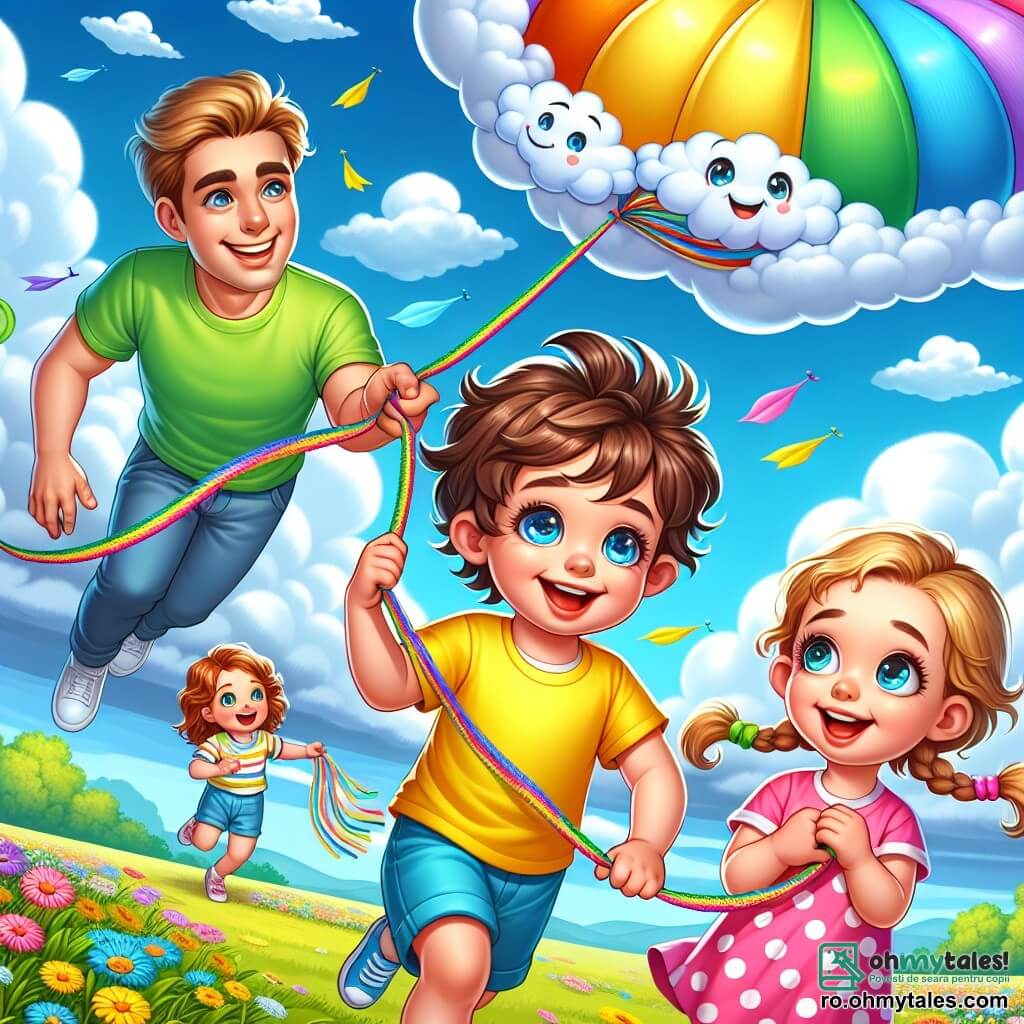 Un băiețel de 2 ani, cu părul brun și ochii plini de curiozitate, zâmbește larg ținând o frânghie colorată care leagă un balon în formă de nor. Poartă un tricou galben și o pereche de pantaloni scurți albaștri, iar fața lui exprimă o bucurie radiantă. Lângă el, sora sa Ana, o fetiță de 4 ani cu părul blond împletit și o rochiță roz cu buline, privește cerul cu uimire, ținând o pătură colorată. Tatăl lor, un bărbat zâmbitor de aproximativ 30 de ani, cu o barbă ușoară și un tricou verde, stă în spatele lor, ținând ferm balonul, în timp ce mama lor, o femeie blândă de aproximativ 28 de ani, cu părul castaniu și o rochie albastră, îi încurajează cu un zâmbet larg. Cerul este de un albastru strălucitor, presărat cu nori pufoși, iar dedesubt se întinde un câmp verde vast cu flori colorate. La distanță, se vede o pădure densă și un pârâu strălucitor. Situația principală arată băiețelul și familia sa ridicându-se în aer cu balonul, înconjurați de râsete și excitație, pregătiți pentru o aventură magică deasupra norilor.