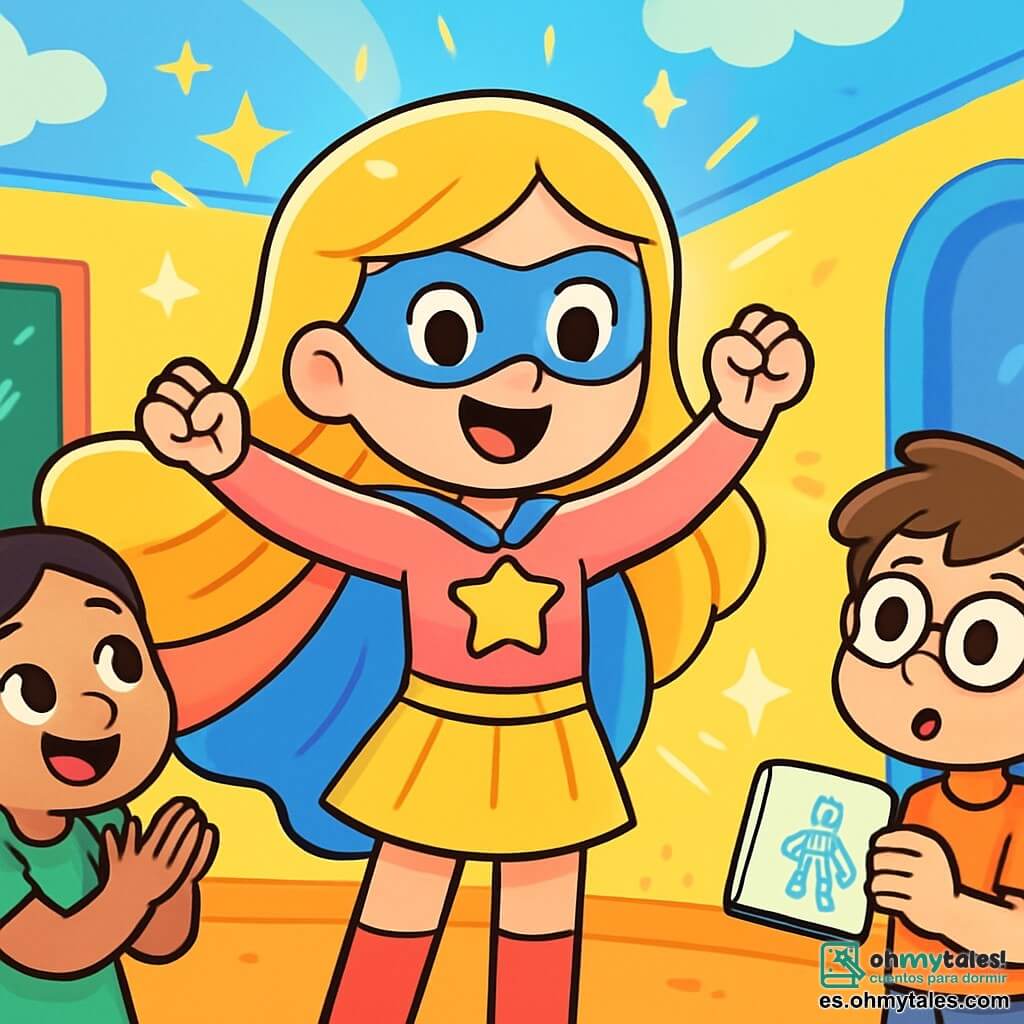 Brillina, una superheroína, se encuentra en el centro de la imagen, con una gran sonrisa y ojos llenos de alegría. Su largo cabello dorado brilla como rayos de sol, y su capa multicolor ondea detrás de ella, cambiando de rosa a azul según su estado de ánimo. Levanta los brazos, lista para actuar, rodeada de una luz brillante. A su derecha, un niño de 8 años llamado Lucas, con cabello castaño desordenado y gafas redondas, mira a Brillina con admiración. Sostiene un pequeño cuaderno donde dibuja superhéroes. A su izquierda, una niña de 7 años llamada Mia, con trenzas negras y un vestido verde, sonríe y aplaude, con los ojos brillantes de emoción. La escena tiene lugar en una escuela mágica, con paredes de colores vivos, estrellas y nubes flotantes en el techo, y murales llenos de dibujos de superhéroes. Luces brillantes iluminan la habitación, creando un ambiente alegre y dinámico. La situación principal muestra a Brillina y los niños reaccionando a un ruido extraño que proviene del exterior, con expresiones curiosas y algo preocupadas, listos para descubrir lo que sucede.