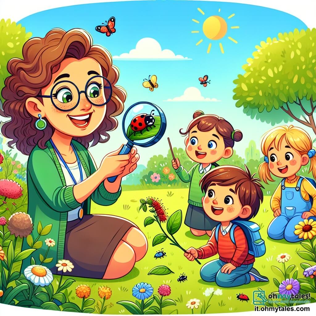 La scena mostra un'insegnante, Madame Lucia, una donna sulla trentina con capelli ricci castani e occhiali rotondi. Sorride calorosamente, con gli occhi pieni di entusiasmo, mentre si china per osservare un gruppo di bambini nel giardino della scuola. Tra i bambini c'è Marco, un ragazzo di 8 anni con capelli castani e occhi curiosi, che tiene una lente d'ingrandimento e guarda una coccinella su una foglia. È seduto sull'erba, circondato dai suoi compagni, tutti affascinati dalla scoperta. Il giardino della scuola è un luogo vibrante, pieno di fiori colorati, alberi frondosi e insetti ronzanti. Il sole splende, illuminando il paesaggio e creando un'atmosfera gioiosa e accogliente. La situazione principale mostra Madame Lucia che guida i suoi alunni in un'esplorazione scientifica, incoraggiando la loro curiosità mentre li aiuta a osservare la natura che li circonda.