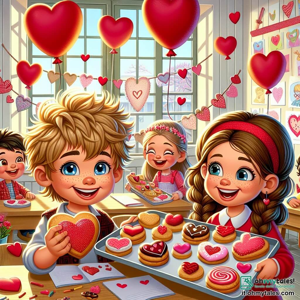 Ci sono due personaggi principali: Leo, un ragazzo di sei anni con capelli biondi arruffati e occhi azzurri, che sorride felicemente tenendo un grande biscotto a forma di cuore decorato con glassa rossa. Accanto a lui c'è Mia, una ragazza di sei anni con lunghi capelli castani e trecce, che ride tenendo un vassoio pieno di piccoli biscotti colorati. La scena si svolge in un'aula luminosa e accogliente, decorata con festoni di cuori di carta e palloncini rossi. I muri sono adornati con disegni di bambini che rappresentano cuori e fiori, e una grande finestra lascia entrare la luce del sole. Leo e Mia sono circondati dai loro compagni di classe, tutti sorridenti e felici, mentre condividono biscotti e biglietti di San Valentino. L'atmosfera è festosa e piena di risate, illustrando lo spirito di amicizia e amore che regna in questo giorno speciale.