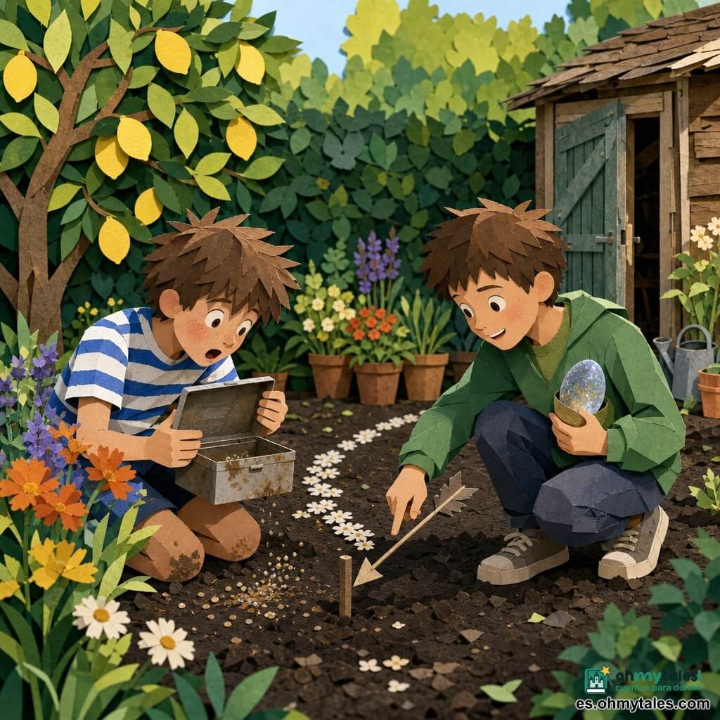 Hay dos personajes principales: Nico, un chico de 12 años con pelo castaño despeinado, camiseta de rayas azul y blanca y rodillas con tierra, a la izquierda junto a un parterre; sostiene y mira con asombro una pequeña caja metálica abierta que contiene un papel colorido, una pluma azul y un huevo brillante. Bruno, otro chico de 12 años con pelo castaño corto y sudadera verde, a la derecha agachado, sonriente, tiene un huevo transparente con purpurina en el bolsillo y señala con una flecha un pequeño palito de madera plantado en la tierra. Lugar: jardín de patio soleado con un limonero a la izquierda, seto al fondo, macetas alineadas, un cobertizo de madera a la derecha y caminos de pequeñas flores blancas; texturas de papel recortado, sombras marcadas y colores vivos. Situación: ambiente de sorpresa y curiosidad por el descubrimiento de la caja en la tierra, luz suave de mañana y pequeñas semillas y polvo alrededor.