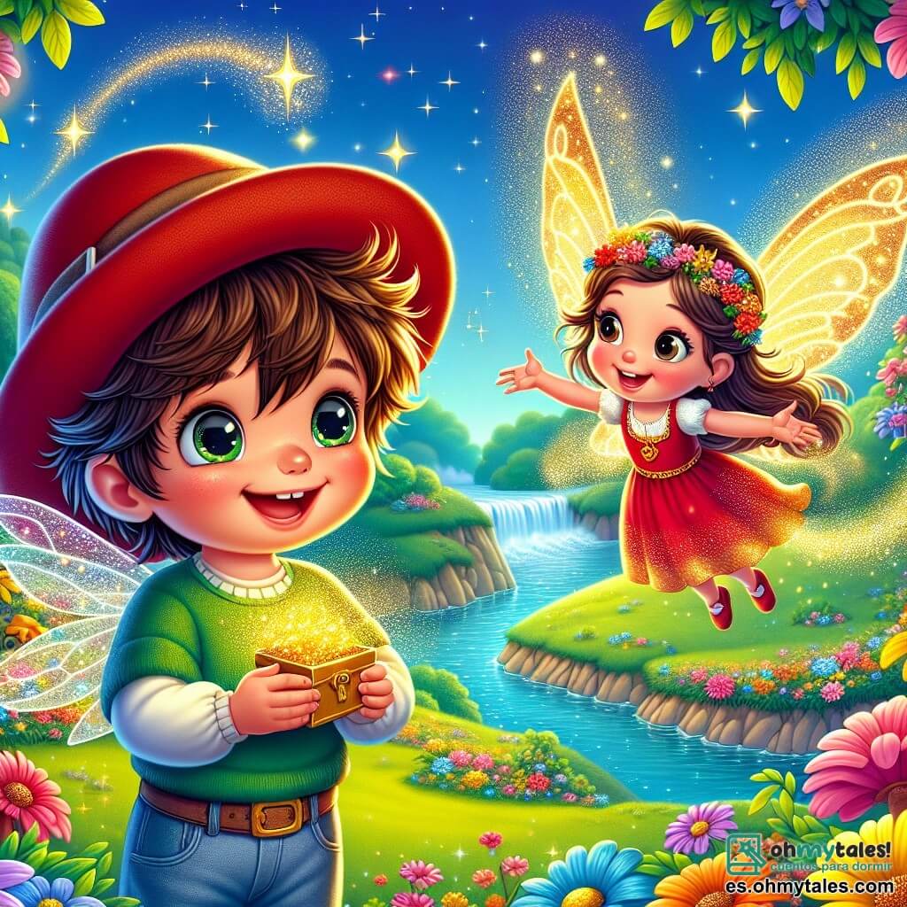 Un niño de 4 años, Lucas, con cabello castaño desordenado y una gran gorra roja, sonríe con ojos brillantes de emoción. Se encuentra en el centro de la imagen, sosteniendo una pequeña caja dorada, rodeado de polvo brillante que se eleva a su alrededor. A su lado, una pequeña hada llamada Lila, de aproximadamente 6 años, con alas brillantes y un vestido de pétalos de flores coloridas, vuela alegremente. Ella sonríe a Lucas, animándolo a explorar el mundo mágico que los rodea. En el fondo, la escena transcurre en una isla encantada, con flores multicolores danzando al viento y un cielo azul brillante iluminando el paisaje. Ríos cristalinos serpentean a través de colinas verdes, y estrellas brillantes aparecen en el cielo, incluso de día, añadiendo un toque de magia al entorno. La situación principal muestra a Lucas y Lila, listos para la aventura, con expresiones de alegría y curiosidad mientras se dirigen hacia la misteriosa Cueva de las Estrellas, donde conocerán a un dragón benévolo.