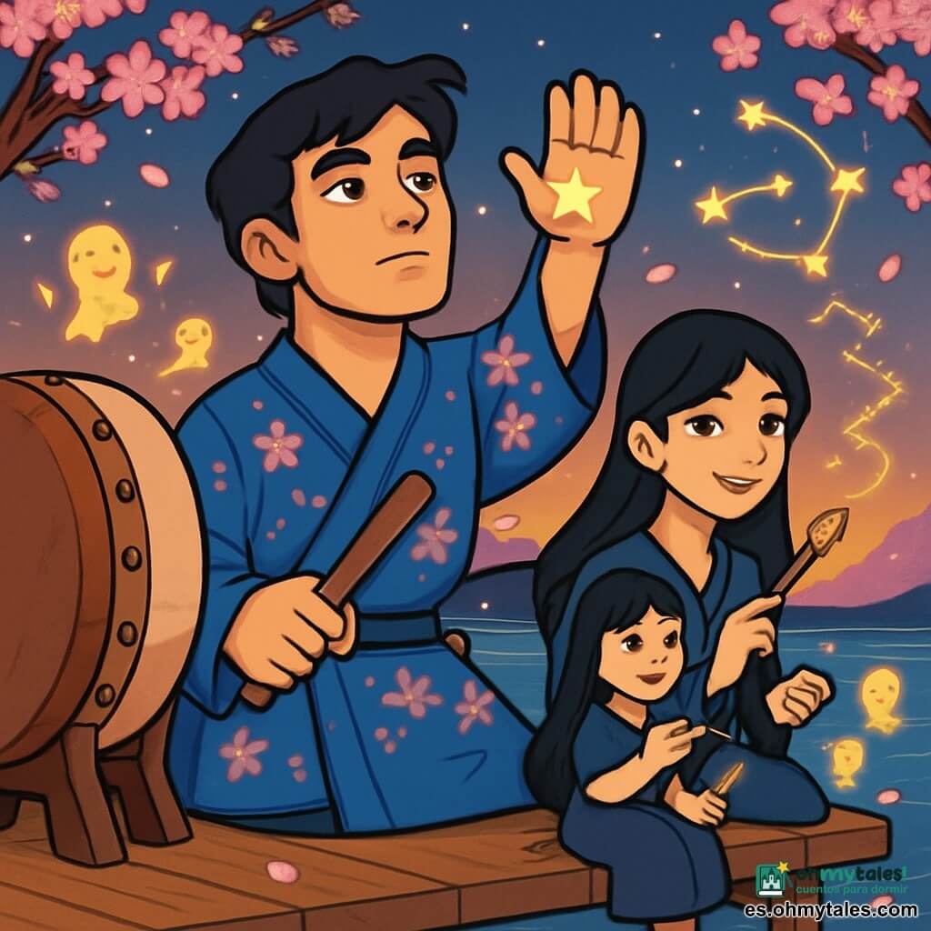 Un hombre llamado Akio, de unos treinta años, con cabello negro y ojos profundos, se encuentra en un embarcadero de madera, su rostro marcado por la emoción, una mezcla de determinación y serenidad. Lleva un kimono tradicional azul con motivos de cerezos en flor y mira al cielo con una estrella pintada en la palma de su mano, símbolo de esperanza. A su lado, Sayo, una joven de unos 20 años, con cabello largo y brillante, está sentada en el borde del muelle, sosteniendo un pincel dorado. Sonríe suavemente, sus ojos brillando de sabiduría, mientras dibuja constelaciones en el aire. El lugar es un embarcadero pintoresco, rodeado de cerezos en flor, cuyas pétalos caen como nieve rosa, con un río brillante abajo, reflejando los colores del cielo al atardecer. La escena principal muestra a Akio golpeando suavemente un gran tambor antiguo, que resuena en la calma de la noche, mientras espíritus luminosos bailan a su alrededor, creando una atmósfera mágica y pacífica, simbolizando la búsqueda de la armonía y el perdón.