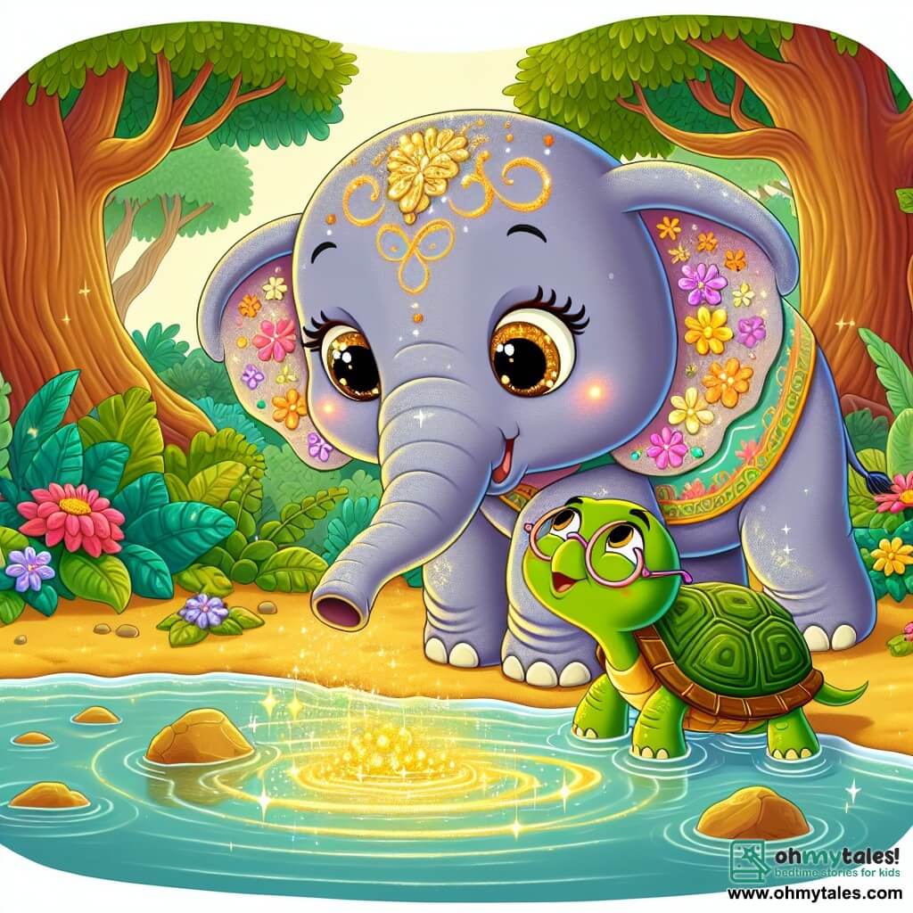An elephant with large ears and sparkling eyes, named Ellie, stands by a shimmering river, wearing a delighted smile. Her body is a soft gray, adorned with colorful flower patterns on her back. Beside her, Benny, a wise turtle with a green shell and round glasses, curiously watches the golden light dancing underwater. They are surrounded by a lush jungle, where majestic trees with thick trunks rise toward the sky, and vibrant flowers line the path. The main scene shows Ellie reaching her trunk toward the water, fascinated by the mysterious golden glow emerging, while Benny encourages her with an admiring look.