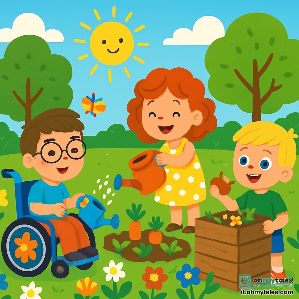Ci sono 3 personaggi: Luca, un ragazzo di 8 anni con capelli castani e occhiali rotondi, seduto in una bella sedia a rotelle decorata con fiori, sorride tenendo un piccolo annaffiatoio; Sofia, una ragazza di 7 anni con capelli rossi e ricci, indossa un vestito giallo a pois e annaffia le piante con un grande sorriso; Marco, un ragazzo di 7 anni con capelli biondi e occhi blu brillanti, è in piedi accanto a un compost, tiene una mela a metà mangiata pronto a buttarla nel cumulo di rifiuti organici. Il luogo è un giardino lussureggiante, pieno di fiori colorati, alberi verdi e un piccolo orto con verdure fresche. Il sole splende in un cielo blu e farfalle volano intorno ai fiori. I tre amici si prendono cura del loro giardino: Luca annaffia le piante, Sofia aggiunge rifiuti organici al compost e Marco sorride tenendo la sua mela, tutti felici di proteggere la natura.
