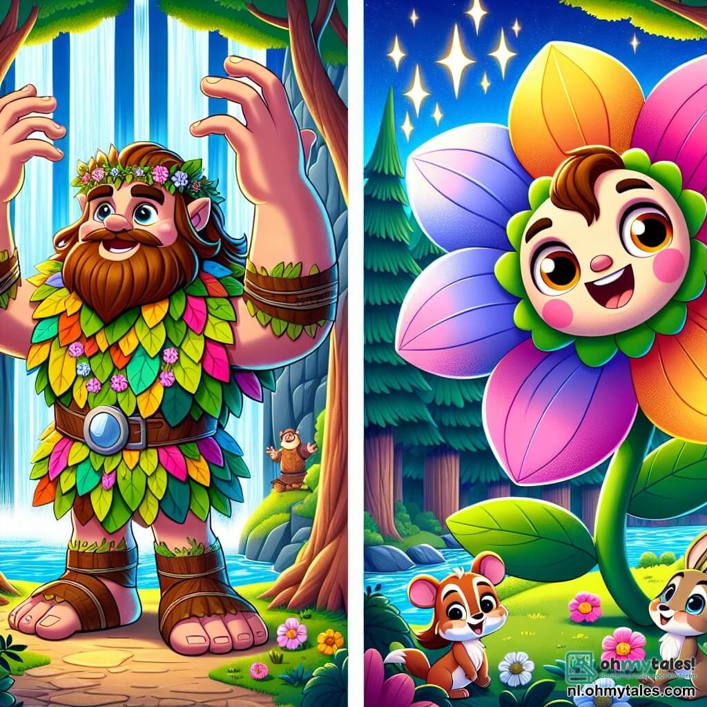 Een grote reus genaamd Goliath, met bruin haar en nieuwsgierige ogen, staat in het midden van de scène. Hij heeft een warme glimlach op zijn gezicht en draagt een tuniek van kleurrijke bladeren en bloemen. Goliath danst vrolijk, zijn grote handen naar de lucht reikend, terwijl lichtflitsen om hem heen schitteren. Naast hem is Lila, de kleine magische bloem, afgebeeld als een bloem met veelkleurige bloemblaadjes, met een glimlachend gezicht en stralende ogen. Ze zweeft iets boven de grond en zingt enthousiast om Goliath aan te moedigen. Op de achtergrond stroomt de Glanzende Waterval majestueus, met schitterend water dat een regenboog in de lucht creëert. Reusachtige bomen met dikke stammen omringen de scène, hun bladeren glanzend in het zonlicht, terwijl bosdieren, zoals konijnen en vogels, vrolijk om hen heen dansen. De hoofdsetting toont Goliath en Lila die de terugkeer van de verloren droom vieren, in een feestelijke en magische sfeer, waar vreugde en vriendschap het betoverende landschap van het Betoverde Bos verlichten.