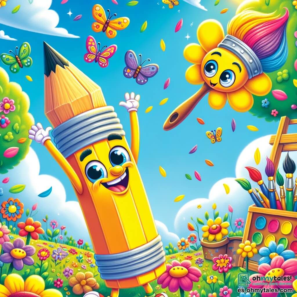 Un alegre lápiz llamado Pipo, con un cuerpo amarillo brillante y una sonrisa radiante, baila en medio de un jardín colorido, con los brazos levantados en señal de alegría. A su lado, su amigo el pincel Brillo, con pelos multicolores y ojos chispeantes, pinta flores en un lienzo, irradiando entusiasmo. El jardín está lleno de flores brillantes, mariposas revoloteando y un cielo azul celeste, creando una atmósfera mágica y primaveral. Pipo y Brillo organizan una búsqueda del tesoro, rodeados de sus amigos, mientras descubren maravillas ocultas entre las flores y los árboles, llenos de emoción y curiosidad.