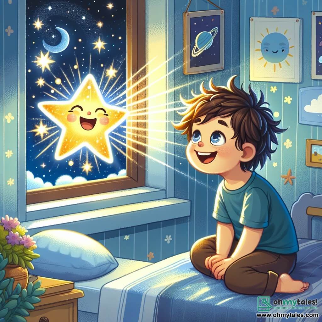 A 4-year-old boy named Leo, with messy brown hair and sparkling curious eyes, sits on the windowsill, a wide smile lighting up his face. He gazes in wonder at a bright star in the night sky, his hands resting on his knees, full of innocence and awe. Next to him, a shimmering star takes shape, with joyful faces and bursts of light, as if it were alive. It shines brightly, casting rays of light that illuminate the room. The scene takes place in Leo's bedroom, decorated with light blue walls and posters of planets and clouds. The open window lets in a gentle night breeze, and outside is filled with colorful flowers and a starry sky. The main situation shows Leo talking to the star, expressing his curiosity about the meaning of life and his own quest for happiness. The star gently explains the importance of sharing joy and finding purpose, creating a magical and philosophical moment under the starry sky.