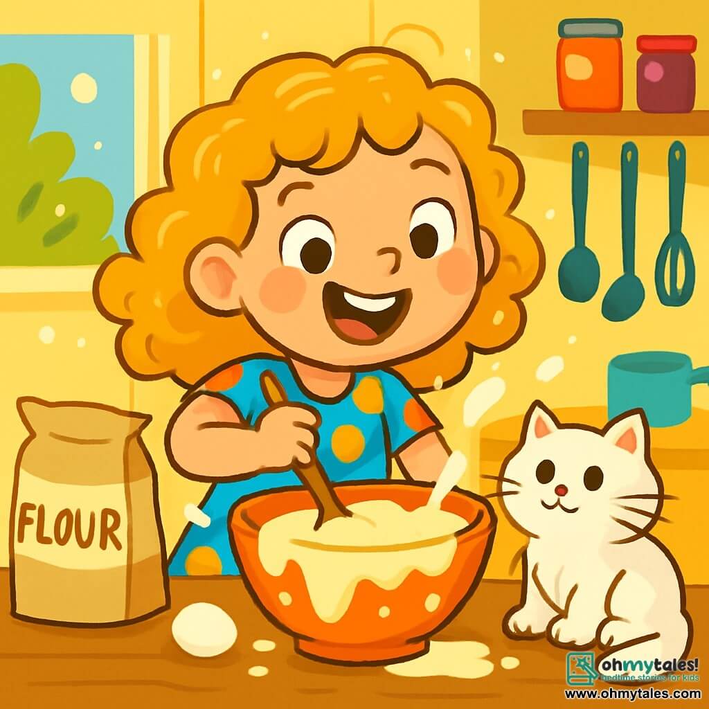 A 6-year-old girl with curly golden hair is wearing a colorful polka dot dress and has a big joyful smile, her eyes sparkling with excitement. She is mixing cake batter in a large bowl, with flour flying around her, creating a fun and chaotic atmosphere. Next to her, a fluffy white cat named Mr. Fluff watches curiously from the kitchen counter, ready to cause mischief. The kitchen is bright and welcoming, with pastel yellow walls, shelves filled with colorful jars of jam, and shiny kitchen utensils glistening in the sunlight coming through the window. In this scene, the little girl is trying to make a funny cake, with batter overflowing from the bowl and laughter echoing in the air, while Mr. Fluff seems intrigued by the joyful mess around him.
