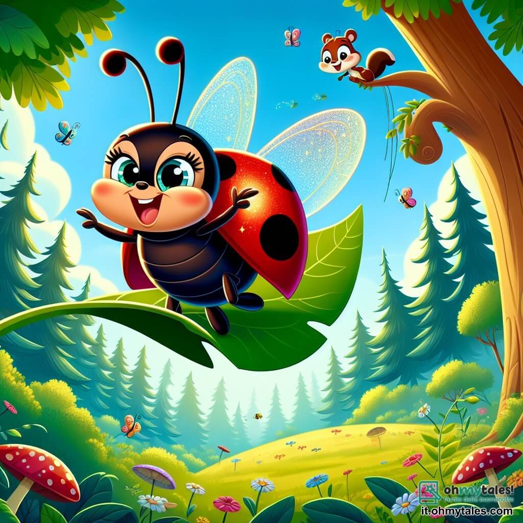 Una coccinella felice di nome Lola, con un brillante guscio rosso punteggiato di macchie nere, vola entusiasta sopra una foresta incantata, le sue piccole ali traslucide brillano al sole. Sorride ampiamente, gli occhi scintillanti di gioia, mentre si prepara ad atterrare su una foglia verde brillante. Nelle vicinanze, un piccolo scoiattolo di nome Pippo, con il pelo marrone e una coda folta, è appeso a un ramo, tenendo una grande foglia di platano trasformata in paracadute. Guarda Lola con ammirazione, pronto a incoraggiarla. Lo scenario è una foresta lussureggiante, piena di alberi maestosi, fiori colorati che danzano al vento e un cielo azzurro punteggiato di nuvole soffici. La scena rappresenta Lola in volo, circondata dai suoi amici animali, tutti riuniti per partecipare a una corsa gioiosa nel cielo, con risate e grida di eccitazione che risuonano nell'aria fresca della foresta.