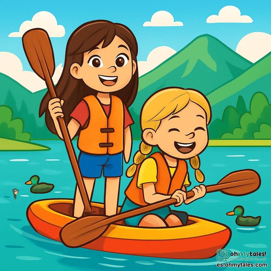 Una niña de 10 años, con largos cabellos castaños y ojos llenos de curiosidad, está de pie sobre un kayak colorido al borde de un lago brillante. Sonríe con emoción, con las mejillas ligeramente sonrojadas por el sol, mientras sostiene un remo de madera. A su lado, su amiga de 10 años, Mara, con trenzas rubias y una gran sonrisa, se inclina hacia adelante, lista para remar. Están rodeadas de montañas verdes, y el cielo es de un azul brillante salpicado de algunas nubes blancas y esponjosas. El agua del lago es de un turquesa vibrante, y patos nadan pacíficamente cerca, añadiendo vida a la escena. Las dos niñas están en plena aventura, listas para explorar las maravillas de la naturaleza que las rodea.