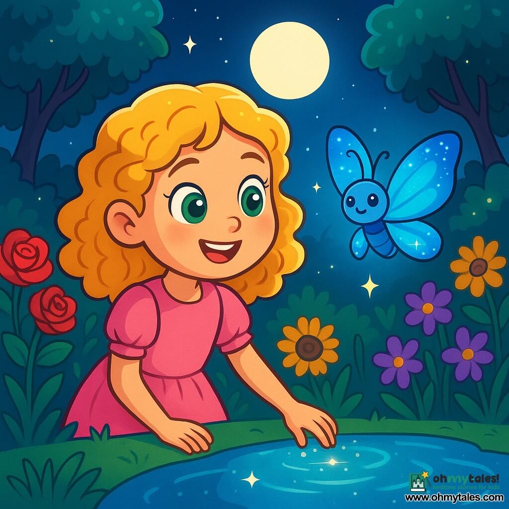 A little girl named Lily, around 8 years old, with sparkling green eyes and curly blonde hair, stands at the edge of a shimmering pond in a magical garden. She smiles in wonder, her cheeks flushed with joy, as she gently touches the clear water with her fingers. Next to her, a lovely luminous butterfly named Luna, with iridescent blue wings that shine like stars, gracefully flits through the air, adding a touch of magic to the scene. The garden is filled with vibrant flowers — ruby roses, golden sunflowers, and shimmering violets — that seem to dance in the gentle evening breeze. Majestic trees with sparkling leaves surround the garden, creating an enchanted atmosphere under the moonlight. The main scene shows Lily discovering the magic of the garden, captivated by the beauty around her and ready to make a wish, while Luna, the butterfly, encourages her with a kind smile.