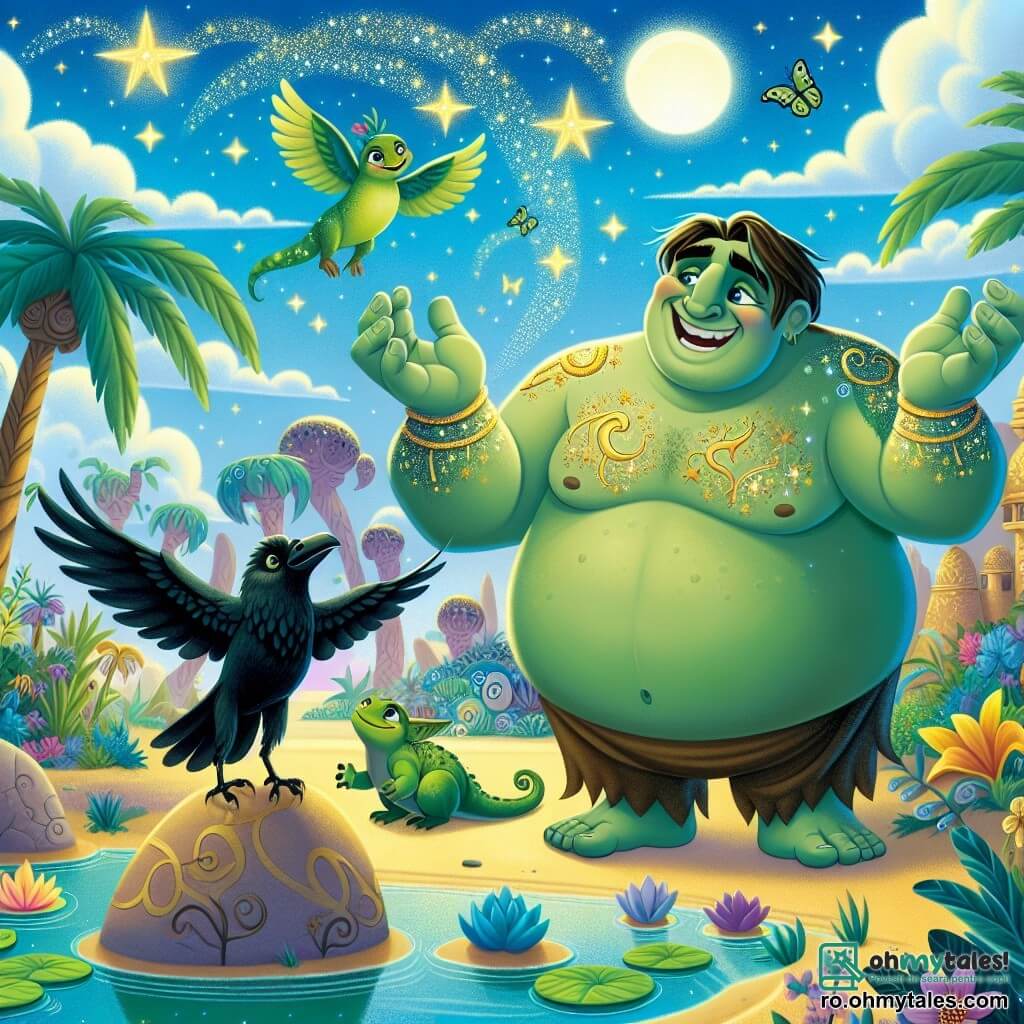 Un gigant binevoitor pe nume Goran, având câțiva metri înălțime, se află în centrul imaginii, cu un zâmbet cald pe față. Pielea lui este de un verde blând, presărată cu modele aurii, iar ochii îi strălucesc cu o lumină prietenoasă. El dansează vesel, cu brațele întinse spre cer, înconjurat de creaturi magice. În dreapta lui, o mică șopârlă pe nume Lila, cu solzi verzi și ochi sclipitori, sare cu entuziasm, încurajându-l pe Goran să danseze. În stânga lui, un corb pe nume Nimbus, cu pene negre strălucitoare și o privire jucăușă, se odihnește pe o dună de nisip, observând scena cu curiozitate. Decorul este o oază magică, cu palmieri luxurianți și flori colorate în jurul unui iaz strălucitor, sub un cer albastru închis, presărat cu nori pufoși și stele strălucitoare care încep să apară la orizont. Situația principală arată cum Goran, Lila și Nimbus sărbătoresc împreună la un festival al prieteniei, unde bucuria și magia plutesc în aer, creând o atmosferă festivă și încântătoare.