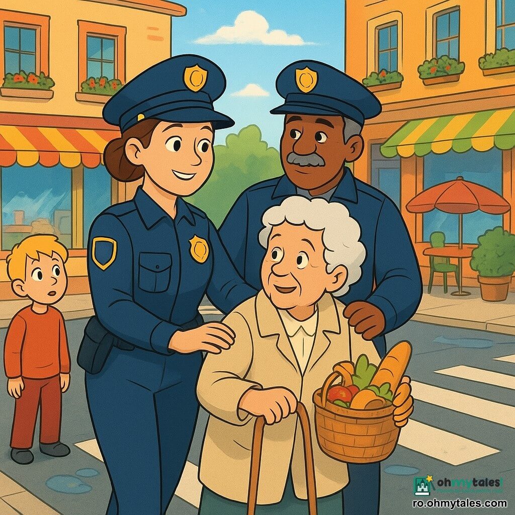 Tânără polițistă zâmbitoare, păr brun prins în coc, uniformă bleumarin cu insignă, purtând șapcă și ținând un săculeț de cumpărături, ajută o doamnă în vârstă să traverseze strada. Sergentul Pavel (≈50 ani), mustăcios cu păr grizonat, în vestă de poliție, stă puțin în spate cu mâna pe umărul polițistei, privire liniștitoare. Doamnă în vârstă (≈75 ani), păr alb ondulat, palton deschis, ținând un coș greu, cu expresie ușurată. Băiețel (≈7 ani), păr blond, pantaloni roșii, privește de pe trotuar uimit. Stradă de cartier dimineața, trotuar pietruit, vitrine colorate, cafenea cu umbrele, ghivece la balcoane și câteva bălți după ploaie. Scena centrală: polițista ajută doamna să traverseze în siguranță, trecători zâmbitori, lumină blândă de primăvară, culori calde și atmosferă senină.