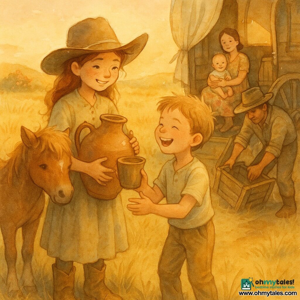 Maya, a smiling determined cowgirl with sunfreckled face, wide felt hat, simple beige dress and leather boots, holds a large earthenware water jug and offers a wooden cup to a laughing dusty, short-haired boy of about eight; Dusty, a small brown horse with a shaggy mane, stands calmly by her leg; nearby a mother in a floral dress sits on a wagon step holding a smiling six-month-old baby while a father in a worn leather hat lifts a fallen crate by the wagon wheel; they stand on a wide golden plain of waving dry grasses beside several wooden wagons on a dirt path leading to a low hill with flowers and a sparkling spring, a warm orange evening light and long shadows, a breeze lifting a cloth, and expressions of warmth and mutual aid.