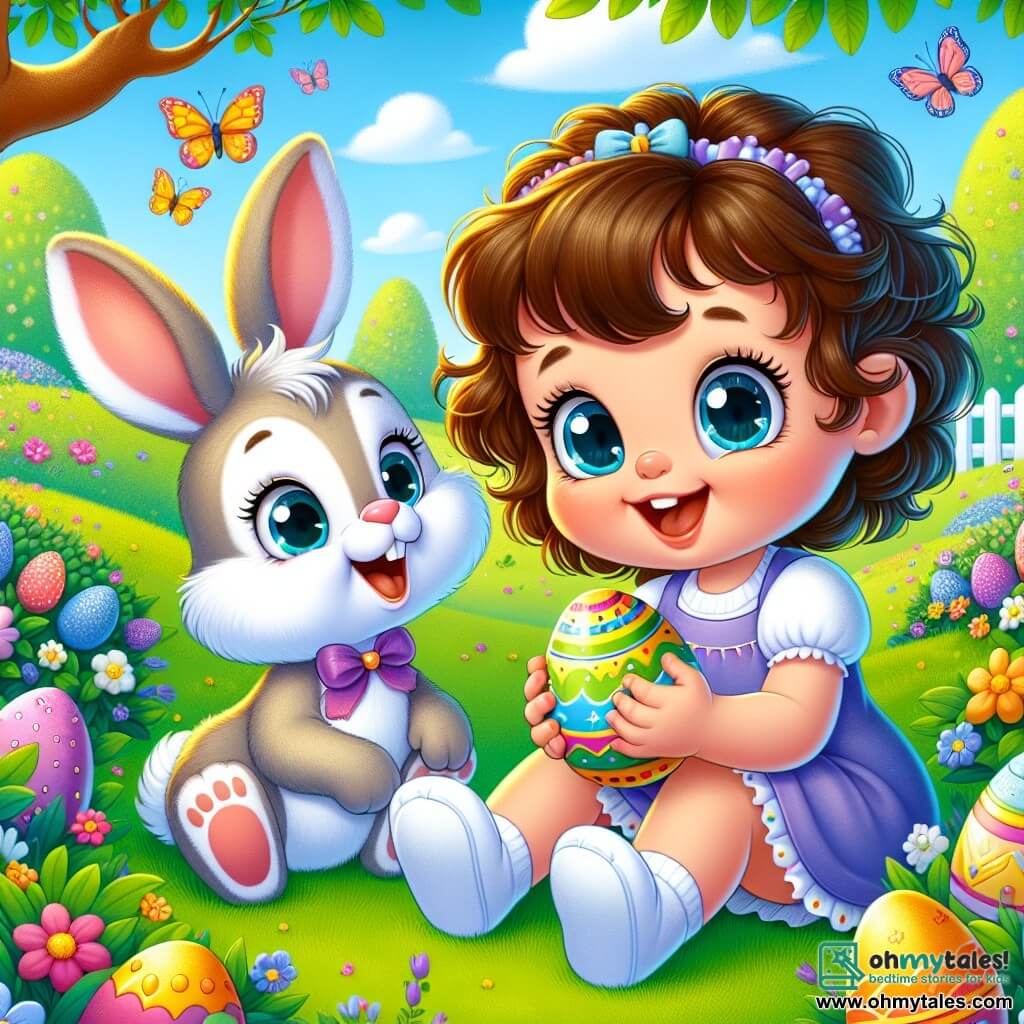 A 2-year-old girl named Mia, with big bright eyes and curly brown hair, is sitting in the green grass of the garden. She smiles in wonder while holding a colorful egg in her small hands. Next to her stands a large rabbit with big ears, the Easter Bunny, with soft white fur and a colorful bow tie. He joyfully smiles, showing other eggs hidden behind the bushes. The sunny garden is filled with vibrant flowers, and butterflies are flying around. A large tree stands in the background, its branches heavy with green leaves. Mia and the rabbit are searching for Easter eggs, surrounded by magic and joy, as a rainbow appears in the blue sky.
