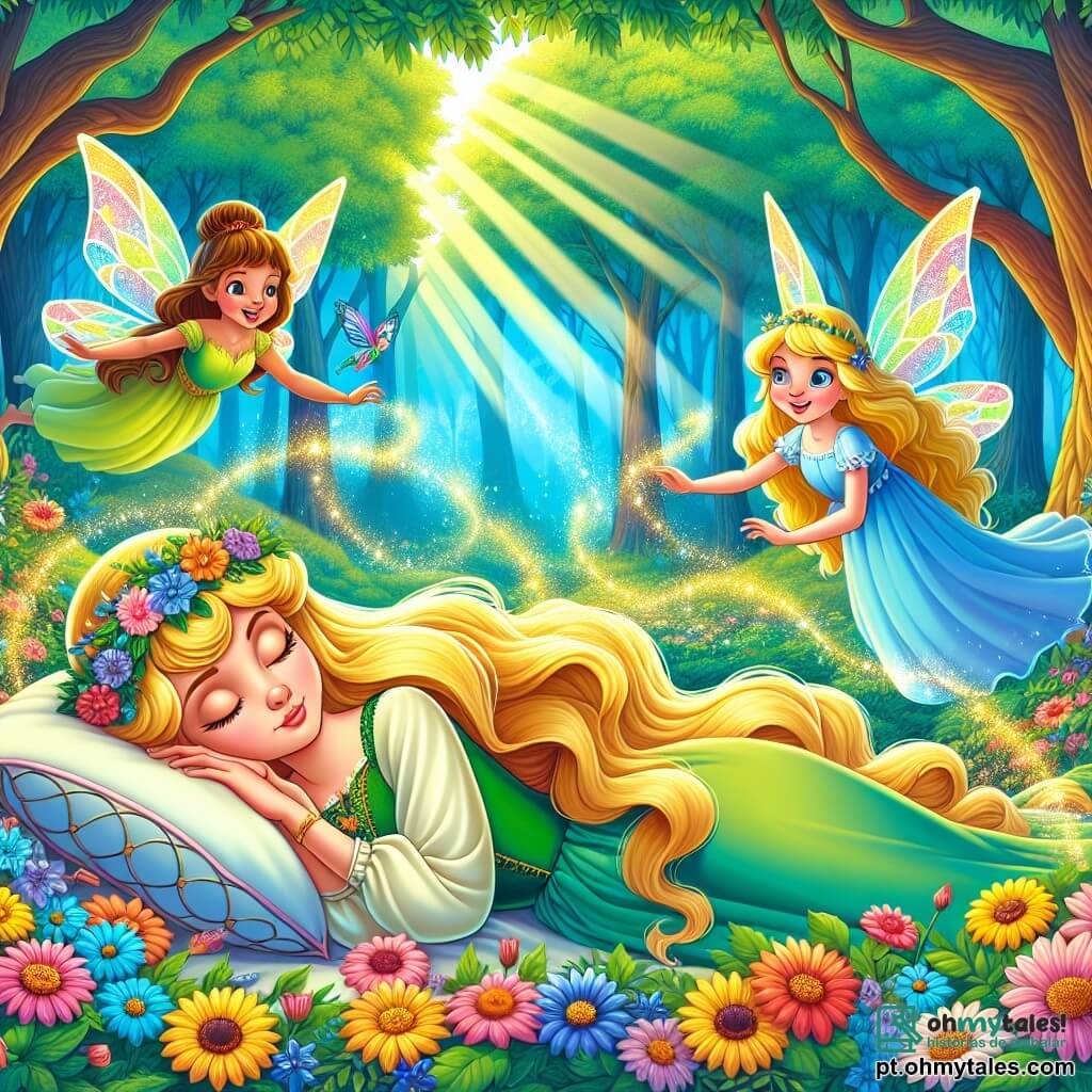 A Bela Adormecida, uma jovem princesa de cerca de 18 anos, é retratada com longos cabelos dourados, flutuando como raios de sol ao redor de seu rosto suave e sereno. Ela está deitada em um leito de flores coloridas, com um leve sorriso nos lábios, enquanto uma luz mágica emana dela, simbolizando seu despertar iminente. Ao seu lado, três fadas travessas, cada uma com cerca de 15 anos, flutuam no ar. Flora, com asas verdes e um vestido de pétalas de flores, sorri alegremente enquanto lança uma pitada de pó mágico. Fauna, vestida de azul, murmura palavras doces, com os olhos brilhando de inteligência. Finalmente, Primavera, com asas multicoloridas, dança ao redor de Aurora, acrescentando um toque de alegria à cena. O cenário se passa em uma floresta encantada, onde árvores majestosas com troncos grossos e folhas vibrantes formam um ambiente de conto de fadas. Flores de cores vivas cobrem o chão, e raios de sol penetram pela folhagem, criando uma atmosfera mágica e luminosa. A situação principal mostra a Bela Adormecida prestes a acordar, cercada por suas amigas fadas e os animais da floresta, todos unidos para celebrar este momento de renascimento e magia, simbolizando o amor e a amizade que quebram o feitiço.