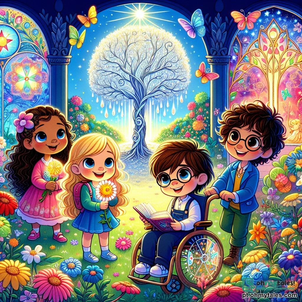 Em um jardim encantado, quatro crianças estão juntas, cada uma representando uma cor do arco-íris. Sofia, uma menina de 8 anos com cabelos loiros, sorri segurando uma flor luminosa. Miguel, um garoto de 9 anos com cabelos castanhos e óculos redondos, observa atentamente um espelho mágico. Clara, uma menina de 7 anos em uma cadeira de rodas decorada com flores, admira uma árvore de folhas prateadas que chora lágrimas de cristal. Tomás, um garoto de 10 anos com cabelos negros bagunçados, segura um livro aberto, cercado por livros flutuantes. O jardim é repleto de flores vibrantes, borboletas dançantes e um céu azul com nuvens fofas. No centro, uma árvore majestosa com uma porta mágica brilha, convidando as crianças a entrar em um mundo de descobertas. As crianças se dão as mãos, prontas para entrar no labirinto das verdades, com rostos radiantes de excitação, cercadas por frutas mágicas e pedras brilhantes, prometendo aventuras inesquecíveis.