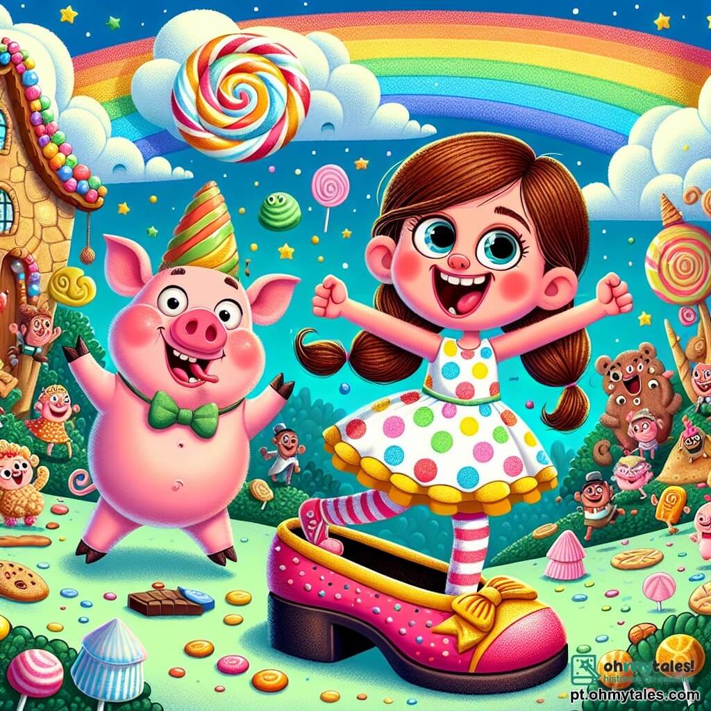 Uma menina de 6 anos, chamada Ana, com longos cabelos castanhos e olhos brilhantes de curiosidade, veste um vestido colorido de bolinhas. Ela ri alto, com os braços levantados, enquanto está em um sapato gigante, colorido como um arco-íris, que salta alegremente no ar. Ao lado dela, um pequeno porquinho rosa, Bolinha, com grandes orelhas e um sorriso travesso, dança girando, adicionando um toque de loucura à cena. O cenário é um reino maluco onde as árvores são feitas de doces e as casas de biscoitos, com um céu azul vibrante salpicado de nuvens em forma de marshmallow. A situação principal mostra Ana e Bolinha participando de uma competição de dança absurda, cercados por criaturas divertidas, todos dançando de maneira hilária ao som de uma música imaginária.
