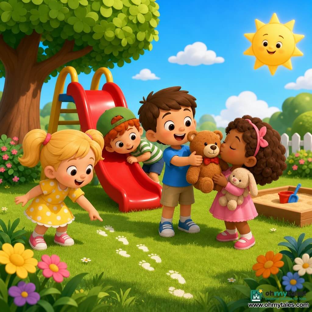 Four children (about 5): Lily, blonde pigtails, yellow polka-dot dress, left, smiling and pointing at small white footprints in the grass; Tom, short brown hair, blue tee and khaki shorts, center-right, holding Teddy up and cheering; Mia, curly light-brown hair, pink dress, just in front of Tom, hugging and now kissing Teddy; Jack, red hair, green cap, striped tee, rear-left, leaning to look behind the red slide. Sunny colorful garden with a large green lawn, a round-leaved tree left, a beige sandbox, simple bright flowers, and a light-blue sky with a smiling sun. Main scene: the four little investigators joyfully discover white footprints leading to the slide and Teddy near it, warm safe adventure, bright style with strong contrasts and drawn outlines, composition centered on the discovery.