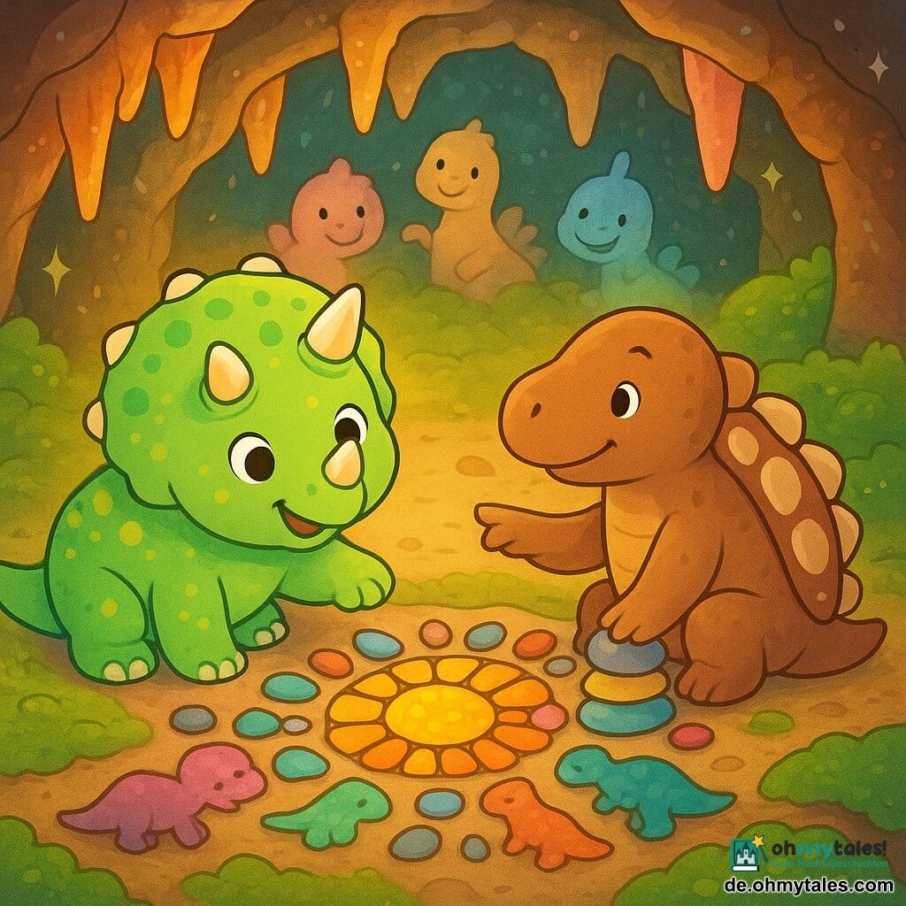 Die Hauptfigur ist ein kleiner, runder, niedlicher Triceratops in zartem Grün mit gelben Tupfen, drei kurzen Hörnern und einer Halskrause mit runden Mustern; er lächelt erstaunt mit glänzenden Augen und legt behutsam einen kleinen grünen Kiesel in ein Bodendesign, daneben sitzt ein Ankylosaurus als Künstler mit breitem, braun glänzendem Panzer und perlenden Platten, sanfter Schnauze, der geduldig zeigt, wo die Steine hinpassen und die Pfoten auf einem Haufen bunter Kiesel hat; zwei bis drei neugierige Kleindinosaurier in Pastellfarben schauen fröhlich vom Höhleneingang her, Krallen am moosigen Rand; der Ort ist eine warme unterirdische Höhle mit kristallartig funkelnden, strukturierten Steinwänden, bunten Stalaktiten und grünem Moosteppich, in deren Mitte ein großes Mosaik aus bunten Kieseln ein Sonnenmotiv mit kleinen Dinos bildet — eine sanfte, gemeinschaftliche Mosaikwerkstatt unter der Erde mit goldener Beleuchtung, vertrauter und neugieriger Atmosphäre.