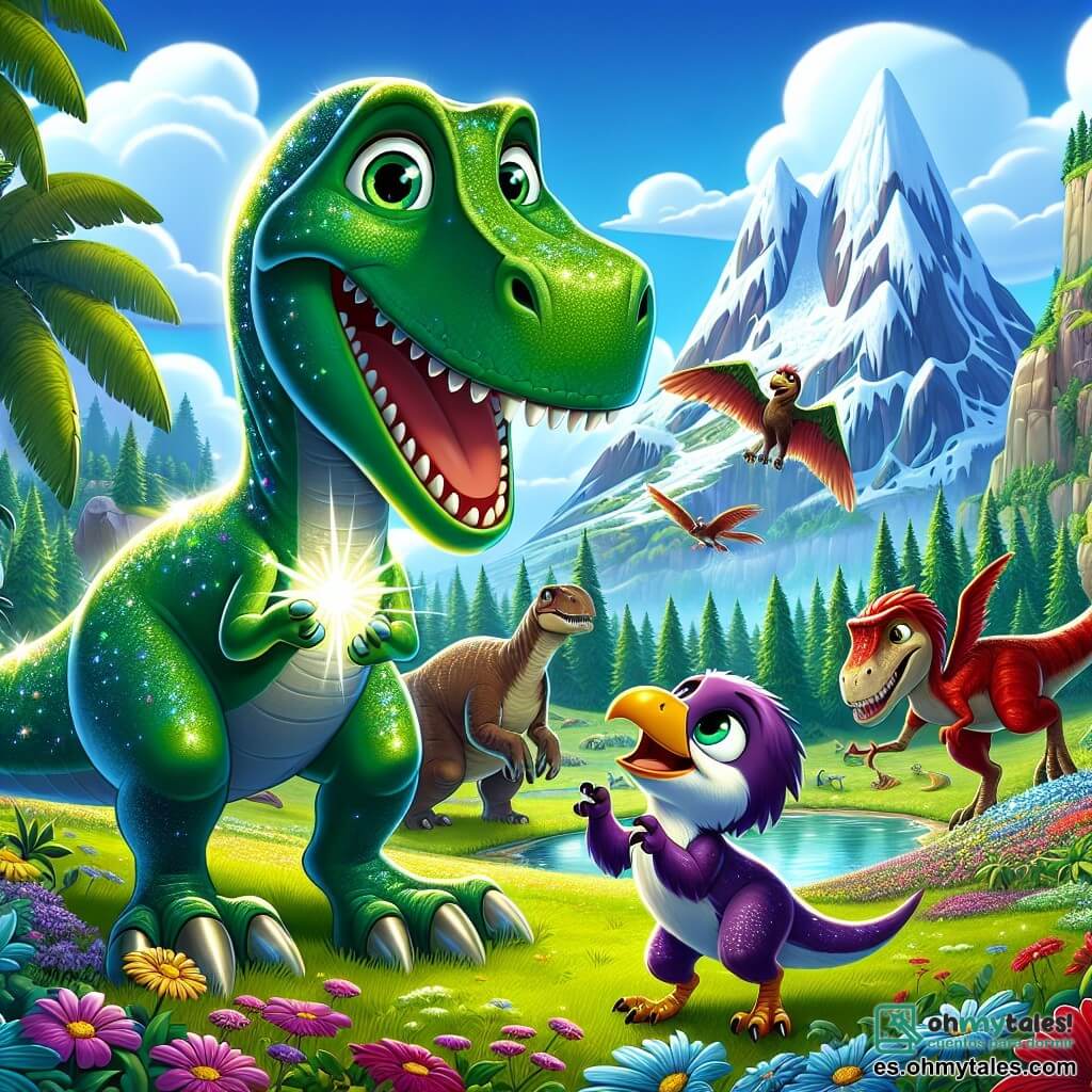 Un Tyrannosaurus Rex llamado Tito, con piel verde brillante y ojos curiosos, está en el centro de la imagen, sonriendo y levantando una pata delantera como si saludara a sus amigos. A su derecha, una brontosaurio llamada Lila, con un largo cuello y piel violeta, mira a Tito con alegría, mientras que a su izquierda, un velociraptor llamado Roco, rápido y ágil, con plumas rojas y ojos traviesos, está a punto de saltar de felicidad. Al fondo, un paisaje de montañas majestuosas cubiertas de flores coloridas y árboles frondosos se extiende bajo un cielo azul con nubes blancas. La escena muestra a Tito y sus amigos riendo juntos, celebrando su nueva amistad y el poder mágico del cristal que brilla entre ellos, creando una atmósfera de felicidad y camaradería.