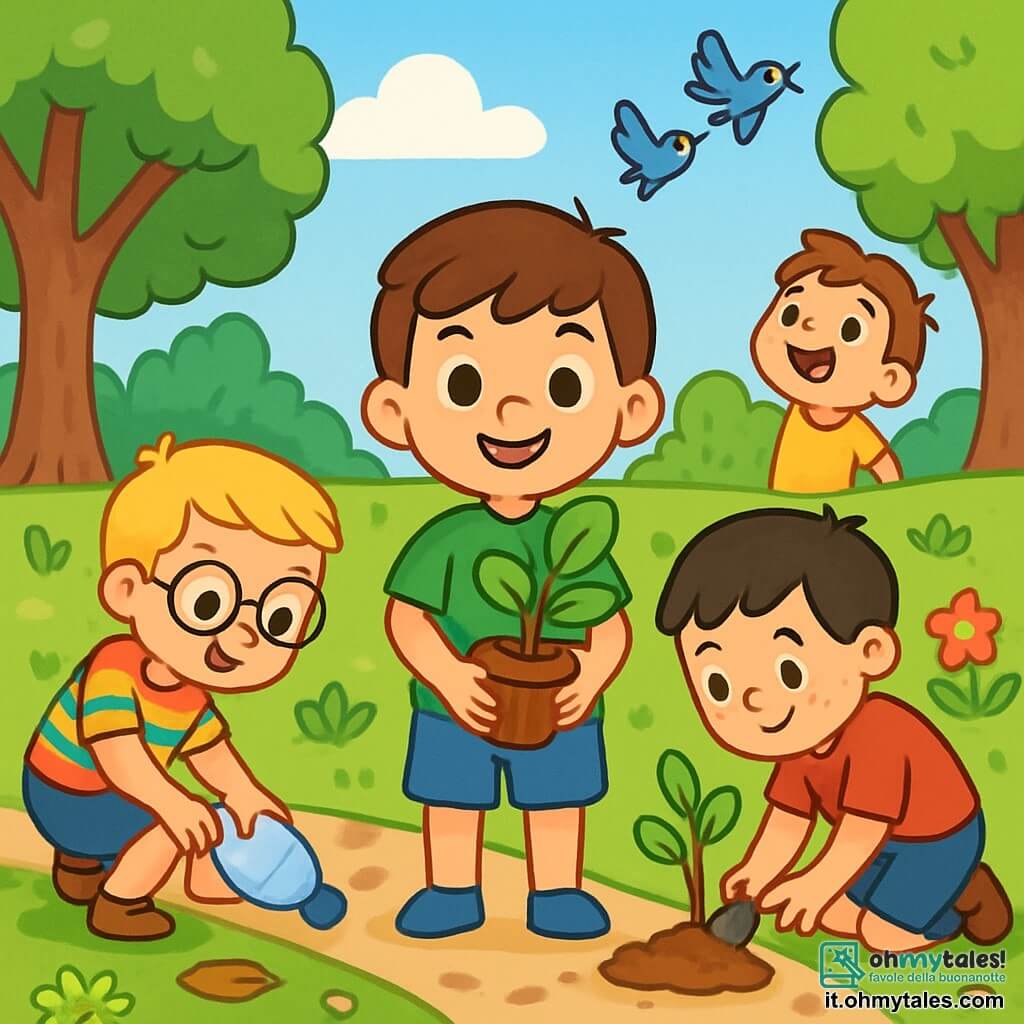 Ci sono 4 bambini: Andrea, un ragazzo di 4 anni con capelli castani e occhi brillanti, indossa una maglietta verde e pantaloni corti blu, sorride tenendo un piccolo albero in vaso; Marco, con capelli biondi e occhiali rotondi, indossa una camicia a righe colorate e sandali, è a sinistra di Andrea mentre raccoglie una bottiglia di plastica; Luca, con capelli neri e lentiggini, indossa una maglietta rossa e pantaloni corti, è a destra di Andrea mentre pianta un piccolo albero; Tommaso, con capelli castani e un grande sorriso, indossa una maglietta gialla e pantaloni corti verdi, è dietro Andrea e osserva gli uccelli nel cielo. L'ambientazione è un parco verde con alberi maestosi, fiori colorati e un cielo blu. I bambini stanno pulendo il parco e piantando alberi, uniti nella loro missione di proteggere la natura.
