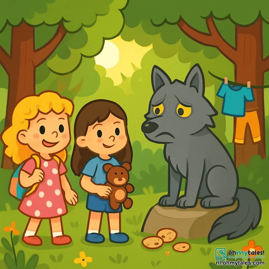 Er zijn 3 personages: - Lotte: Een 7-jarig meisje met blond, krullend haar, in een roze jurk met witte stippen. Ze is glimlachend en houdt een kleurrijke rugzak vast. - Mila: Een 7-jarig meisje met bruin, steil haar, gekleed in een blauwe t-shirt en een spijkerbroek. Ze heeft een nieuwsgierige blik en houdt een klein knuffelbeer vast. - De grote boze wolf: Een grijze wolf met glanzende gele ogen, met een zijdezachte vacht en een grote staart. Hij zit op een rots, er verdrietig uitziend, omringd door een paar koekjes en kleding die aan takken hangen. De belangrijkste situatie speelt zich af in een zonnige open plek in het hart van een dichte bos. Majestueuze bomen met dikke stammen omringen de ruimte, met schitterend groene bladeren die in de wind dansen. Kleurrijke bloemen bedekken de grond, en een zachte zonnestraal filtert door de takken en verlicht de scène. De belangrijkste situatie van het verhaal toont Lotte en Mila die naar de grote boze wolf lopen, die verdrietig en alleen lijkt. De meisjes komen met warme glimlachen naderbij, klaar om hun vriendschap aan te bieden en hem te laten zien dat je niet gemeen hoeft te zijn om vrienden te hebben.