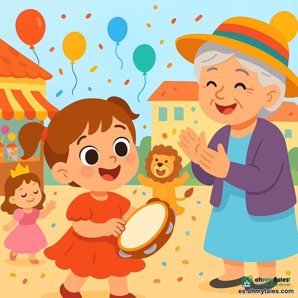 Una niña de 2 años, Ana, con grandes ojos brillantes y una sonrisa radiante, lleva un vestido rojo con volantes que danza a su alrededor. Ella golpea alegremente un tambor, con las mejillas sonrojadas por la emoción. Junto a ella, su abuela, una mujer mayor con cabello plateado, lleva un sombrero colorido y aplaude con orgullo, manteniéndose un poco atrás. El escenario es una plaza de pueblo animada, llena de globos coloridos, confeti flotando en el aire y puestos de dulces. Niños disfrazados de princesa, león y mariposa bailan a su alrededor, creando una atmósfera festiva y alegre. La escena principal muestra a Ana tocando su tambor en medio del carnaval, rodeada de risas y música, mientras su abuela la anima con una mirada cariñosa.