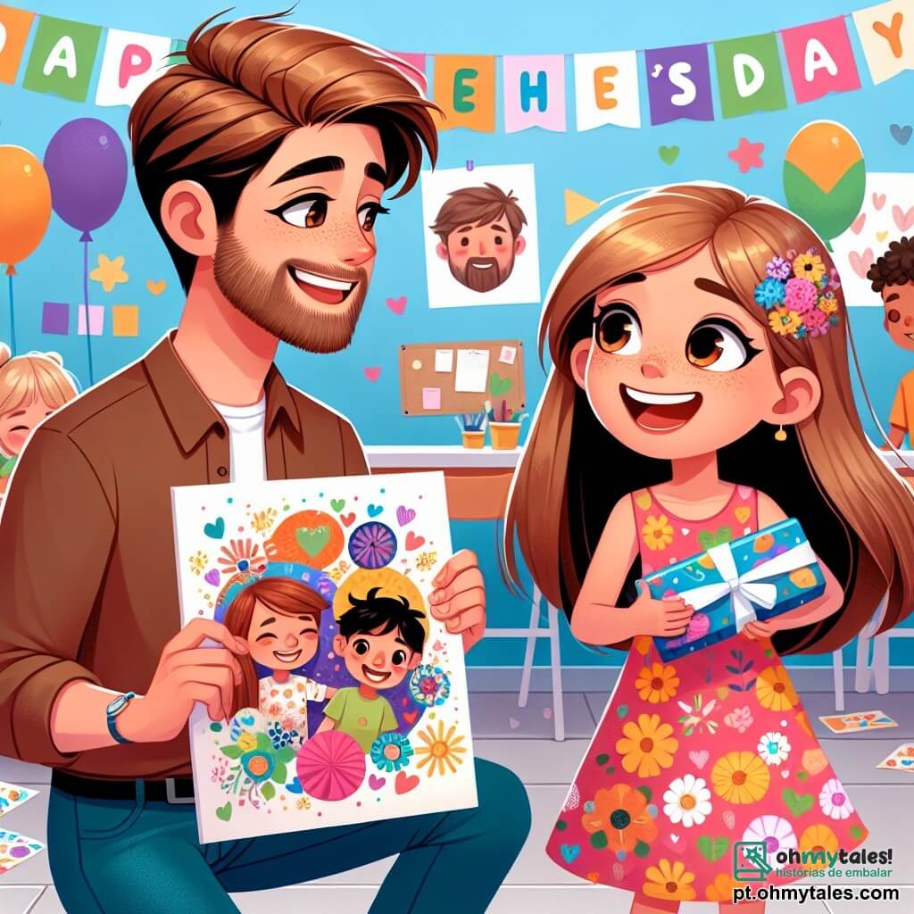 Uma menina de 10 anos, Maria, com longos cabelos castanhos e olhos brilhantes de alegria, está no centro da imagem, segurando um grande cartão colorido que ela acabou de decorar para o Dia dos Pais. Ela usa um vestido florido e um sorriso radiante, mostrando sua excitação e felicidade. Ao lado dela, seu pai, um homem de cerca de trinta anos, com cabelos castanhos e uma barba leve, a observa com orgulho, segurando um pequeno presente nas mãos. Ele está vestido com uma camiseta casual e jeans, inclinado levemente para Maria, compartilhando esse momento especial. Ao fundo, a sala de aula está decorada com balões coloridos e uma grande faixa "Feliz Dia dos Pais", com um mural cheio de desenhos de crianças celebrando seus pais. A cena transmite uma atmosfera de alegria e cumplicidade, capturando o momento em que Maria apresenta seu presente ao pai, cercada por colegas de classe que riem e se divertem.