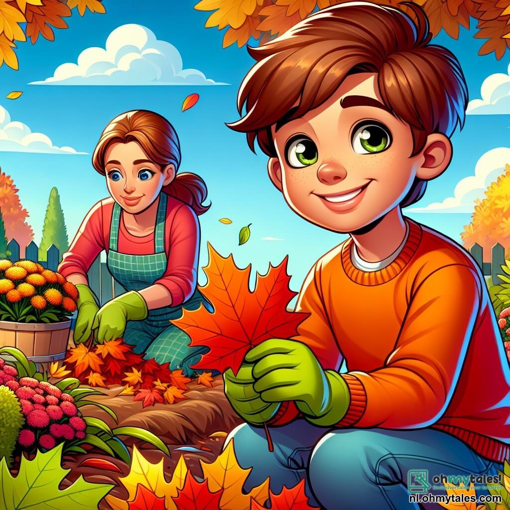 Een 12-jarig jongetje, genaamd Tom, met kastanjebruin haar en nieuwsgierige ogen, zit op een hoop herfstbladeren met een grote glimlach op zijn gezicht. Hij draagt een feloranje trui en een blauwe spijkerbroek, en houdt een rode esdoornblad in zijn handen, terwijl hij de schoonheid ervan bewondert. Naast hem is zijn moeder, een vrouw van ongeveer 35 jaar met bruin haar in een knot, die herfstbloemen plant met een geconcentreerde blik. Ze draagt een tuinier schort en groene handschoenen. De plek is een levendige tuin in volle herfsttransformatie, met bomen met gouden bladeren en bloemen in warme kleuren, terwijl de lucht helderblauw is, met wolken van katoen. De belangrijkste situatie toont Tom en zijn moeder die samen in de tuin werken, omringd door kleurrijke bladeren, terwijl ze een moment van verbondenheid en vreugde delen terwijl ze de tuin voorbereiden op de herfst.