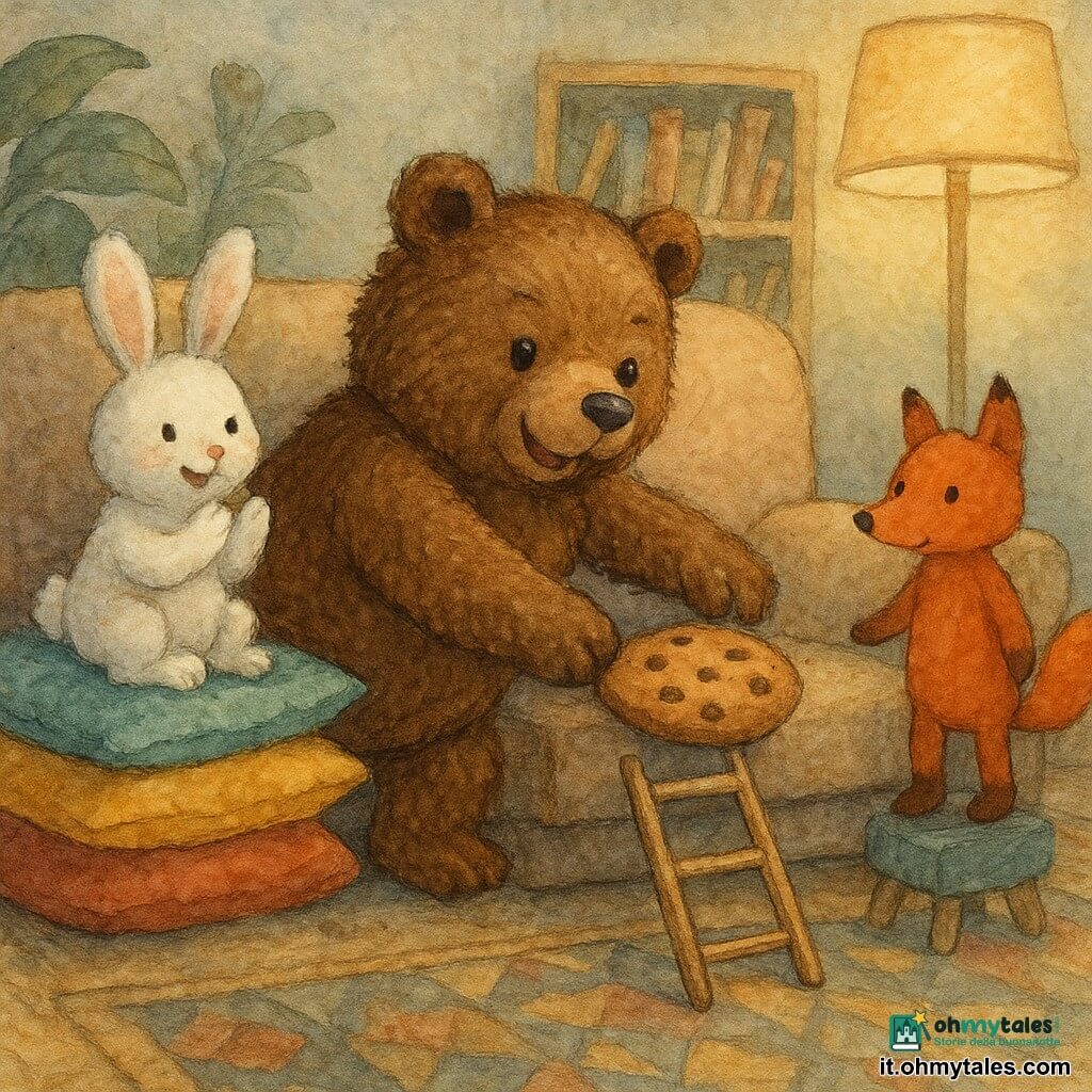 Un grande orso di peluche marrone consumato, pelo spesso e occhi lucidi, tira delicatamente un grosso biscotto al cioccolato dall'interno dello schienale del divano con la zampa infilata nel cuscino; un coniglietto bianco soffice applaude seduto su una pila di cuscini colorati a sinistra, mentre una volpe arancione di stoffa sta a destra con la coda sollevata pronta ad aiutare; sullo sfondo una pianta dalle foglie lucide e una mensola in legno chiaro con libri disordinati, luce calda di una lampada e tappeto a motivi geometrici; scena principale: sfida domestica con equilibrio di cuscini e scala improvvisata di spazzole, l'orso riesce a recuperare il biscotto in un'atmosfera gioiosa, colori tenui, briciole e pieghe del tessuto visibili.