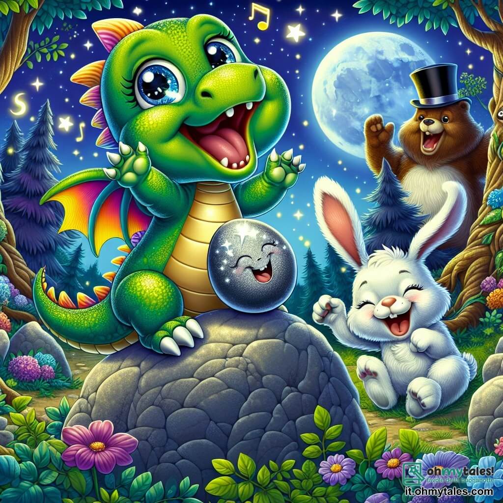 Un piccolo drago di nome Piumino, con squame verdi lucenti e ali colorate come un arcobaleno, si trova gioiosamente su un grande masso al centro di una radura illuminata dalla luna. Sorride ampiamente, con occhi scintillanti di eccitazione mentre mostra orgogliosamente un sasso canterino, un piccolo ciottolo grigio che canta una melodia gioiosa. Accanto a lui, un coniglio dalle grandi orecchie e pelo bianco, ridendo a crepapelle, fa delle smorfie cercando di non scivolare sul terreno. Un orso dal pelo marrone, con un cappello a cilindro, si trova sullo sfondo, ridendo di cuore, con spruzzi di crema sul viso, contribuendo all'atmosfera festosa. La scena si svolge in una radura incantata, circondata da alberi con foglie scintillanti sotto la luce della luna, con fiori colorati che danzano dolcemente nella brezza notturna. In lontananza, stelle brillano in un cielo blu profondo, creando un'atmosfera magica e gioiosa. Piumino, il drago, si prepara a raccontare una storia divertente, mentre tutti gli animali si radunano attorno a lui, impazienti di ridere insieme sotto la dolce luce della luna.