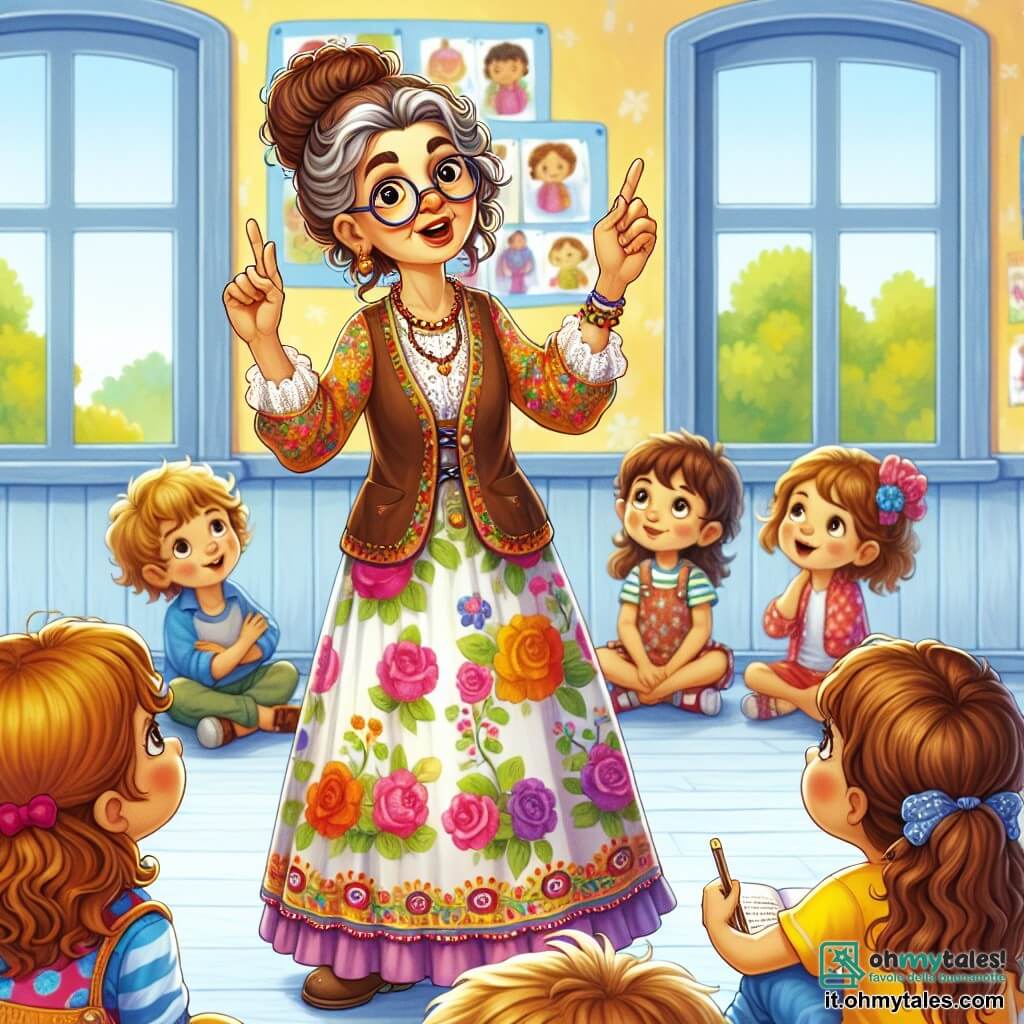 Una donna, la Signora Maria, si trova al centro dell'immagine, con un sorriso caloroso e occhi brillanti di saggezza. Ha capelli castani ondulati raccolti in uno chignon e indossa un vestito colorato con motivi floreali. Sta parlando con passione a un gruppo di bambini, alzando le mani per esprimere le sue idee sulla pace. Tra i bambini c'è Marco, un ragazzo di 8 anni con capelli ricci e occhiali tondi, che la ascolta attentamente, e Giulia, una ragazza di 7 anni con capelli lunghi e lisci, che prende appunti su un piccolo quaderno. La scena si svolge in un'aula grande e luminosa, con muri gialli e disegni di bambini appesi ovunque. La Signora Maria condivide storie ispiratrici sulla pace e l'amicizia, catturando l'attenzione dei bambini che sognano un mondo migliore.