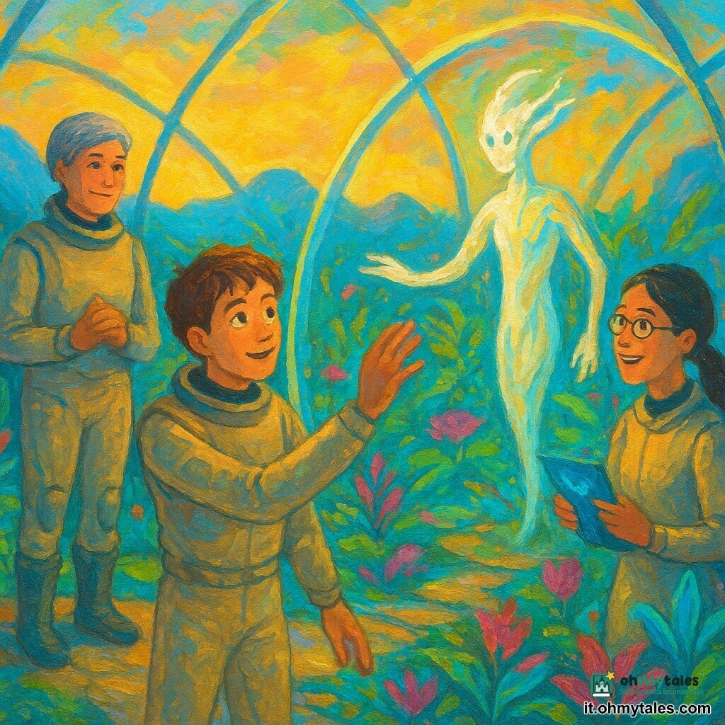 Luca, giovane dagli occhi emozionati e capelli bruni scompigliati, in una tuta spaziale beige tocca delicatamente la superficie trasparente di una grande cupola di cristallo; Marta, comandante dallo sguardo fiero ma dolce con capelli corti grigiastri, è a sinistra con le mani giunte, Elena, scienziata con capelli raccolti e occhiali sottili, sorride indicando una tavoletta olografica a destra; al centro del giardino fluttua un Guardiano luminescente, figura traslucida color madreperla con braccia simili a rami che accolgono gli umani. Luogo: interno di una cupola di cristallo piena di un giardino alieno lussureggiante con fiori fluorescenti rosa e turchese, grandi foglie iridescenti, sentieri in pietra lucida e luce solare aliena filtrata in prismi colorati; sullo sfondo paesaggio roccioso bluastra e una navetta. Situazione: primo incontro pacifico nel giardino, contatto tra la mano di Luca e la cupola, ammirazione delle piante ed gesto amichevole verso il Guardiano; atmosfera dolce, colori caldi e riflessi scintillanti. Stile: pittura acrilica infantile con pennellate visibili, palette vivaci e contrasti netti, dettagli definiti su volti e texture delle piante.