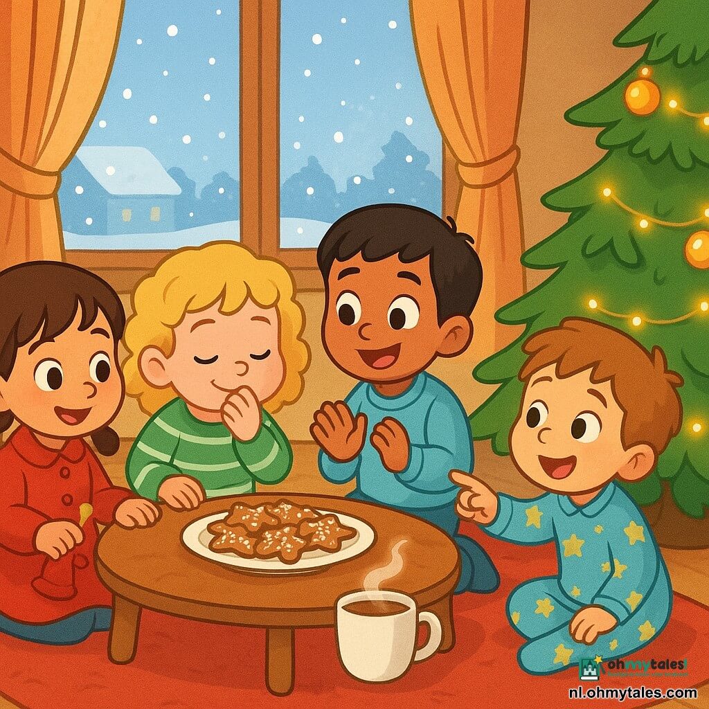 Vier kinderen: Noor (meisje, ~6 jaar) bruine staartjes, rood jasje met kleine knoopjes, links zittend, houdt een klein rood belletje in haar rechterhand met lichtjes erop; Mila (meisje, ~5 jaar) blonde krullen, groene trui met witte strepen, links-van-centrum, snuffelt glimlachend aan een bord kerstkoekjes; Sem (jongen, ~6 jaar) kort zwart haar, hemelsblauwe trui, rechts-van-centrum, klapt enthousiast in zijn handen; Bo (jongen, ~4 jaar) lichtbruin haar, sterrenpyjama, rechts bij de kerstboom, wijst verbaasd naar een lichtsnoer. Binnen in een warme woonkamer met lichte houten vloer en groot rood kleed, versierde kerstboom met gouden ballen en lichtjes rechts, kleine salontafel met bord koekjes en dampende mok warme chocolademelk, raam waarbuiten sneeuwvlokken vallen. De kinderen zitten rond de tafel, betoverd, met warme zachte verlichting, blije gezichten en fonkelende ogen; kerstsfeer huiselijk en magisch, warme kleuren (rood, groen, goud) en zachte texturen (wol, hout, bont tapijt).