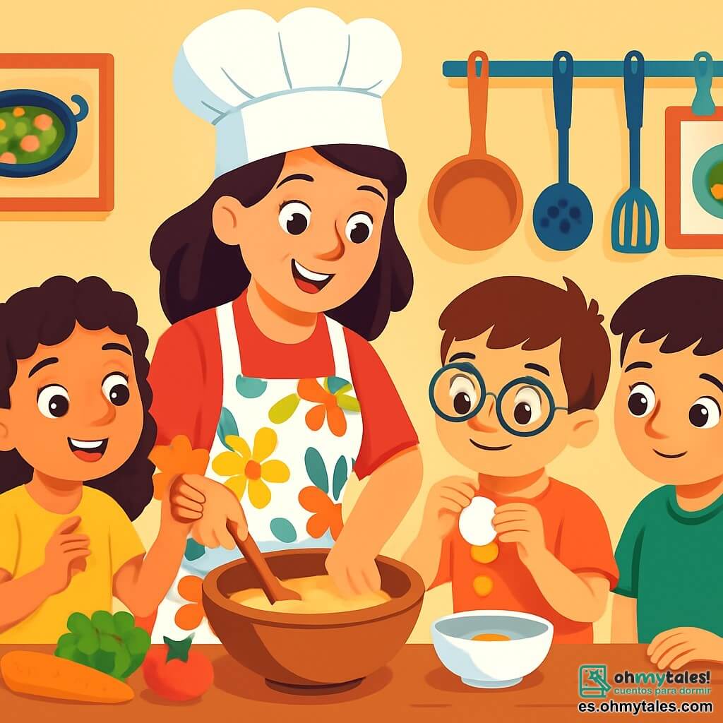 La chef Lucía, una mujer sonriente de unos treinta años, lleva un gran sombrero blanco y un elegante delantal de colores. Está mezclando ingredientes en un gran bol de madera, con los ojos brillantes de alegría y creatividad. A su lado, Sofía, una niña de 8 años con cabello rizado y ojos chispeantes, sostiene una zanahoria en forma de estrella, fascinada por la magia de la cocina. Mateo, un niño de 7 años con gafas y una sonrisa traviesa, se prepara para romper un huevo con cuidado, mientras que Andrés, un niño de 9 años con cabello castaño, observa atentamente, listo para ayudar. La escena tiene lugar en una cocina cálida y colorida, llena de cacerolas de cobre, verduras frescas en la encimera y frascos de especias de colores vivos. La situación principal muestra a Lucía y a los niños en plena creación culinaria, rodeados de un ambiente alegre y animado, donde cada gesto es una aventura y la magia de los sabores cobra vida.