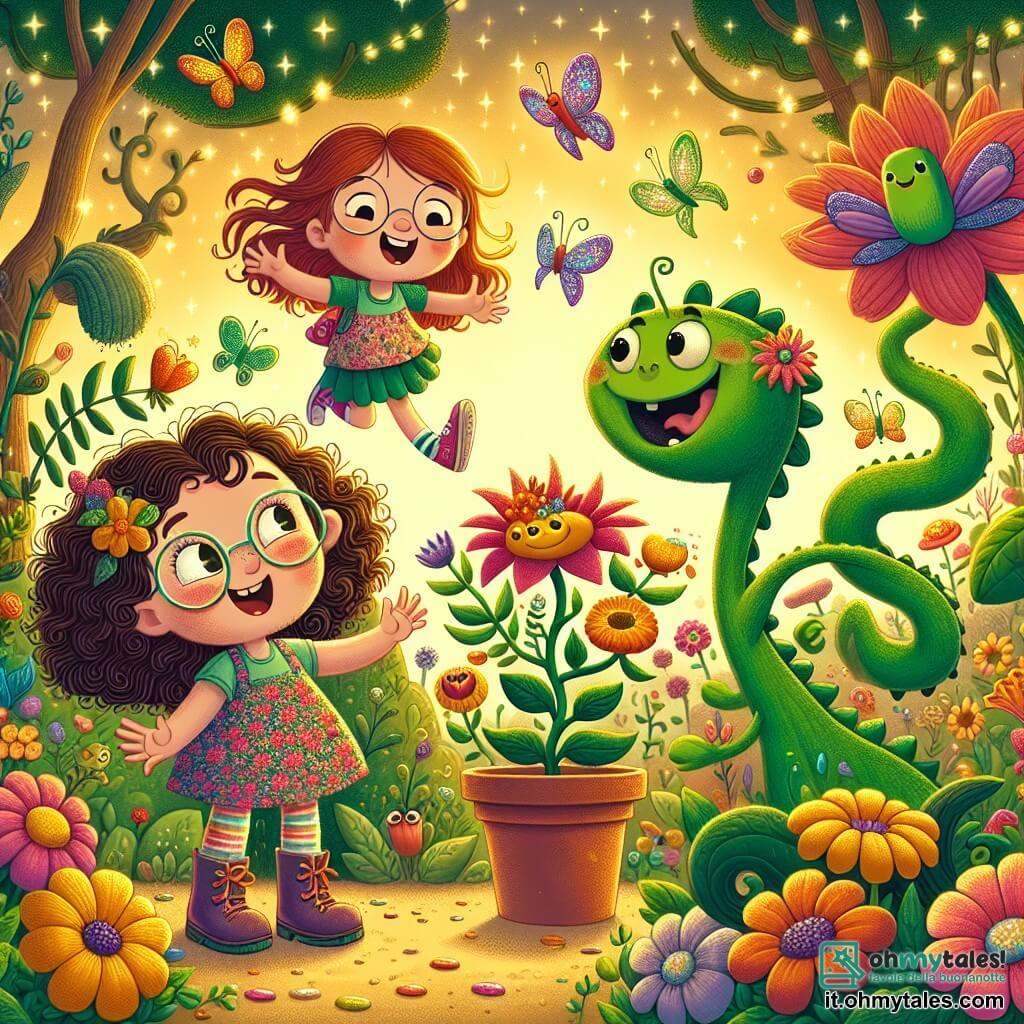 In un giardino incantato, Lalla, una ragazza di sei anni con capelli castani e ricci, indossa un vestito a fiori colorati e sorride guardando una grande pianta parlante. Accanto a lei, Mia, un'altra ragazza di sei anni con capelli rossi e occhiali, salta di gioia, le braccia alzate, circondata da fiori brillanti. Un piccolo drago verde, con squame lucenti e occhi scintillanti, le osserva con curiosità, un sorriso malizioso sul volto. Il giardino è pieno di fiori multicolori dalle forme strane, piante con volti sorridenti e alberi dai tronchi contorti, tutto immerso in una luce dorata e calda. Farfalle dalle ali scintillanti volano intorno a loro, aggiungendo un tocco di magia alla scena. I tre personaggi stanno discutendo gioiosamente, circondati da caramelle che fluttuano nell'aria, mentre il drago propone di diventare loro amico in cambio di alcune dolci. L'atmosfera è giocosa e colorata, piena di risate e sorprese.