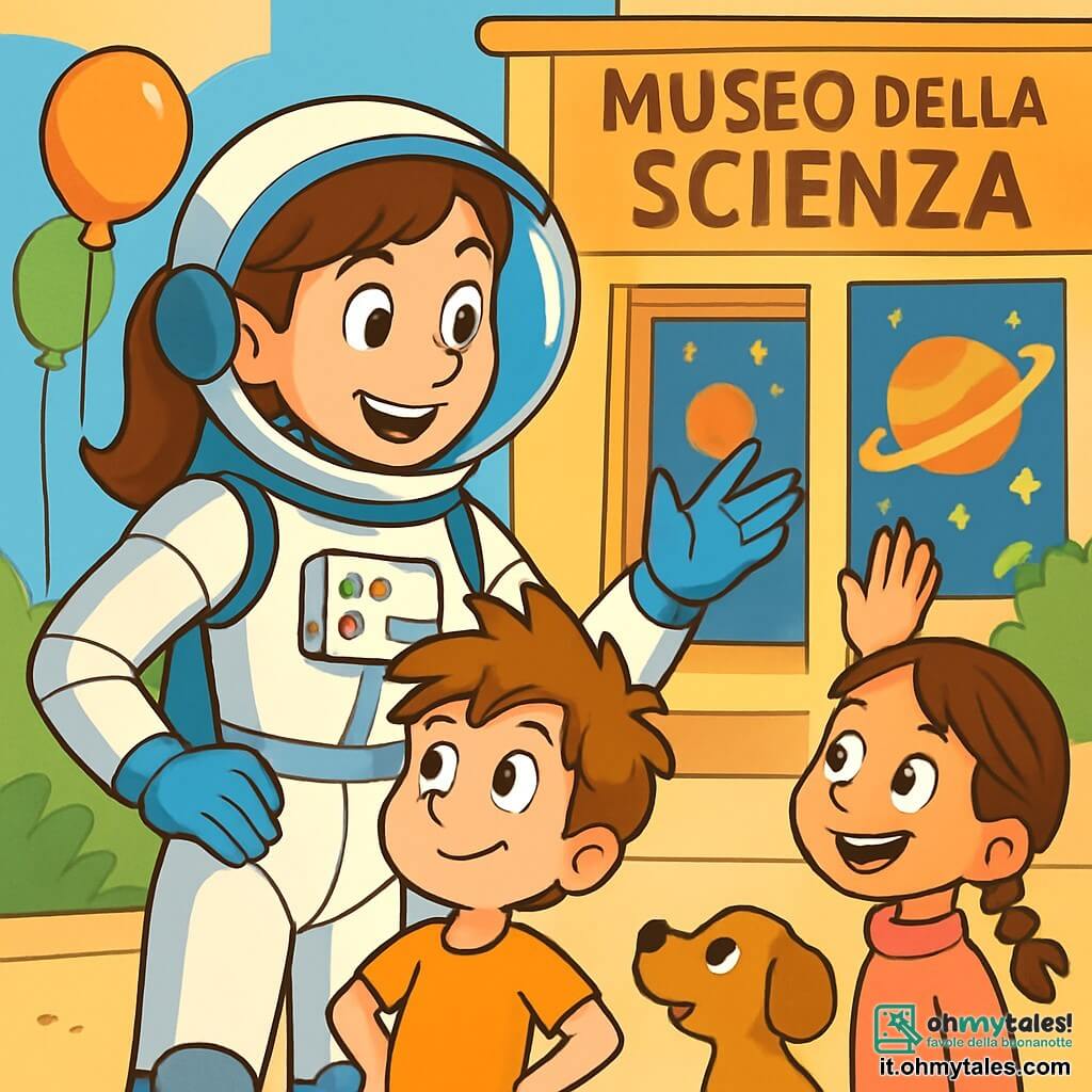 Un'astronauta donna, Martina, con capelli castani raccolti in una coda di cavallo, indossa una brillante tuta spaziale bianca e argentata. Il suo volto irradia gioia ed eccitazione, i suoi occhi brillano di curiosità mentre sorride ai bambini intorno a lei. Un ragazzo di 8 anni, Leo, con i capelli arruffati e gli occhi spalancati, si trova davanti a lei, con le mani sui fianchi, ascoltando attentamente. Una ragazza di 7 anni, con trecce e un maglione rosa, alza la mano per fare una domanda, il suo viso illuminato dallo stupore. La scena si svolge davanti a un grande museo della scienza, con manifesti colorati di pianeti e stelle sullo sfondo. Palloncini fluttuano nell'aria, aggiungendo un tocco festivo all'atmosfera. Martina racconta con entusiasmo le sue avventure nello spazio, circondata da bambini affascinati, mentre un piccolo cane randagio si avvicina timidamente, aggiungendo un tocco di tenerezza a questo incontro magico.