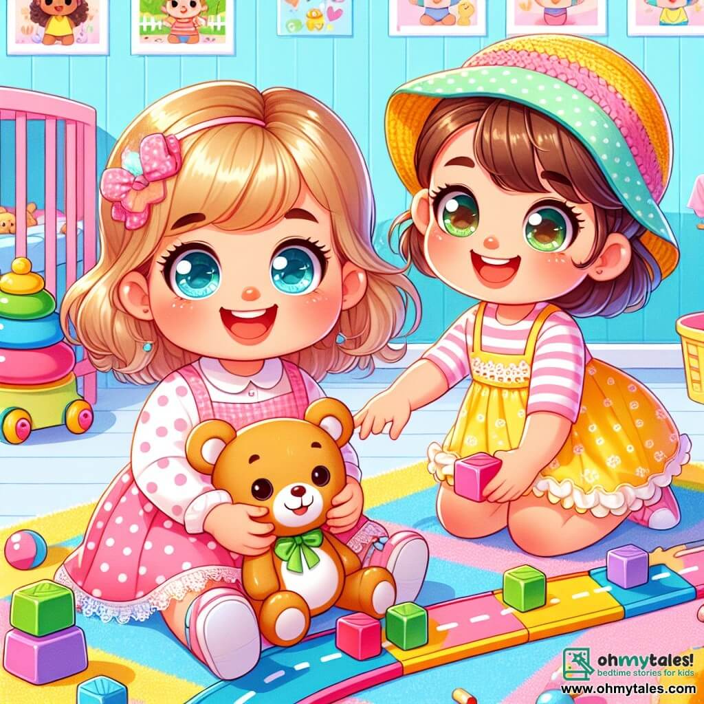 A 2-year-old girl, Mia, with big bright eyes and a radiant smile, is sitting on a soft, colorful rug. She is wearing a pink polka dot dress and holding a teddy bear, showing an expression of joy and excitement. Next to her, Hana, another 2-year-old girl, is wearing a pretty yellow dress and a green hat. She smiles and looks at Mia with enthusiasm, ready to play. The scene takes place in a bright classroom with pastel blue walls and children's drawings hanging up. Colorful toys are scattered on the floor, and there is a large fluffy rug in the center. Mia and Hana are building a road with colorful blocks, laughing together and sharing moments of closeness. Their faces are lit up with the joy of friendship as they enjoy creating an imaginary world.