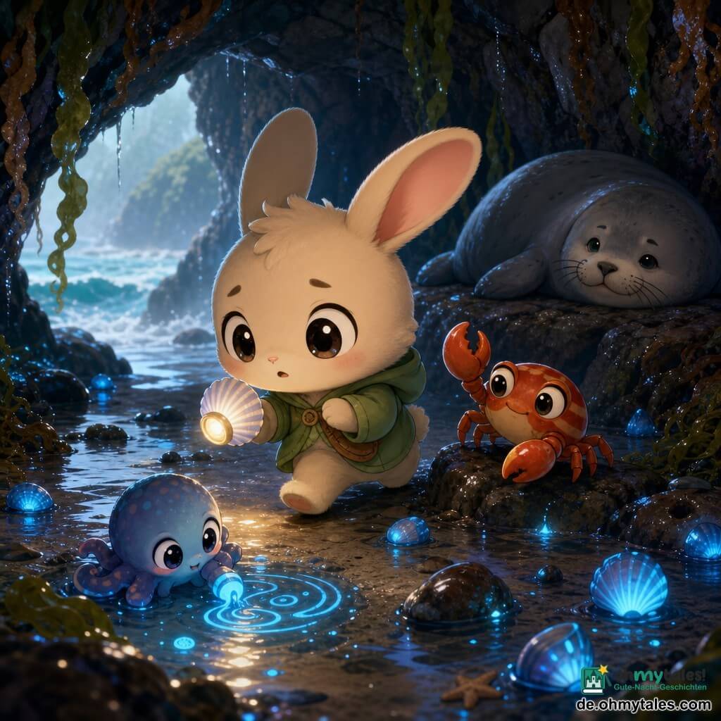 Milo, ein kleiner anthropomorpher Hase mit großen weichen Ohren und cremebeigem Fell, blickt neugierig und leicht nervös auf glänzende blaue Muscheln und hält eine Taschenlampe in Muschelform; Kora, eine rot-orange gestreifte Krabbe mit schelmischem, konzentriertem Blick, geht neben ihm und deutet mit einer Schere den Weg von einem nassen Felsen aus; ein winziger Tintenfisch-Kaulquappenkörper mit runden, glänzenden Augen zeichnet verspielte Tintenwirbel in einer Pfütze und leuchtet biolumineszent zur Führung, während im Hintergrund ein großer nasser Seehund mit sanften Augen auf einem Felsen döst; die Szene spielt in einer bei Ebbe halb überfluteten Meeresgrotte mit steinernen Wänden, grün-braunem Tang, silbrig reflektierenden Pfützen und dunklem nassem Sand, die Flut steigt langsam an, und die Stimmung ist geheimnisvoll und beruhigend mit sanften blau-grünen Lichtern und feucht-glänzenden Texturen.