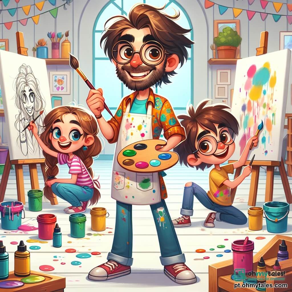 Um homem, Miguel, está no centro de um ateliê iluminado, com um grande sorriso no rosto. Ele tem cabelos desgrenhados, óculos redondos e usa uma camisa colorida cheia de manchas de tinta. Ele mistura cores em uma paleta, cercado por telas brancas prontas para serem transformadas. Ao seu lado, uma menina de 9 anos, Sofia, com cabelos trançados e olhos brilhantes de excitação, segura um pincel e admira Miguel. Ela usa uma camiseta colorida e um avental de pintura, pronta para criar sua própria obra. Um menino de 8 anos, Lucas, com óculos quadrados e um sorriso travesso, está sentado no chão, cercado por potes de tinta, desenhando formas divertidas em uma grande folha de papel. O ateliê é vibrante, cheio de telas nas paredes, potes de tinta de todas as cores e esculturas de argila. A luz do sol entra pelas janelas, iluminando as manchas de tinta no chão. A cena principal mostra Miguel ensinando as crianças a criar uma grande obra coletiva, enquanto riem e se divertem misturando cores, cada um adicionando seu toque pessoal à tela gigante que ganha vida sob suas mãos.
