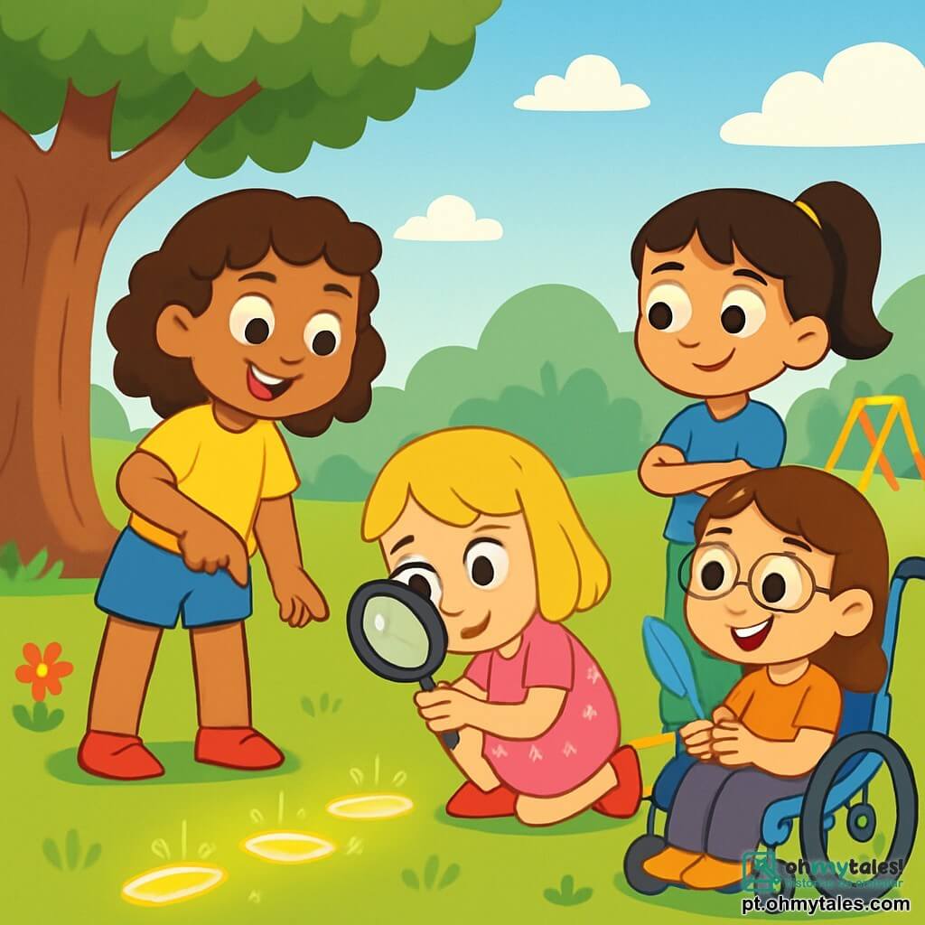 Há 4 crianças: - Sofia: uma menina de 7 anos, com cabelo castanho e cacheado, vestindo uma camiseta amarela e um short de jeans. Ela está em pé, sorrindo, apontando para as impressões brilhantes no chão. - Luísa: uma menina de 6 anos, com cabelo loiro e liso, vestida com um vestido rosa de bolinhas. Ela está agachada, examinando atentamente as impressões com uma lupa. - Rita: uma menina de 7 anos, com cabelo preto e um rabo de cavalo, vestindo uma camiseta azul e uma calça verde. Ela está em pé ao lado de Sofia, com os braços cruzados, observando a cena com curiosidade. - Joana: uma menina de 8 anos, com cabelo castanho e óculos, sentada em uma cadeira de rodas azul. Ela sorri e segura uma bela pena azul nas mãos, observando suas amigas. O local é um parque ensolarado, com uma grande árvore de tronco grosso e folhas verdes luxuriantes. O chão é coberto de grama verde e macia, salpicada de flores coloridas. Ao fundo, podem-se ver balanços e um escorregador, enquanto um céu azul brilhante é salpicado de algumas nuvens brancas. A situação principal da história mostra as crianças resolvendo um mistério. Elas descobrem impressões brilhantes no chão que levam a uma árvore. As meninas estão animadas e curiosas, prontas para investigar a origem dessas impressões misteriosas e da bela pena azul que Joana encontrou.